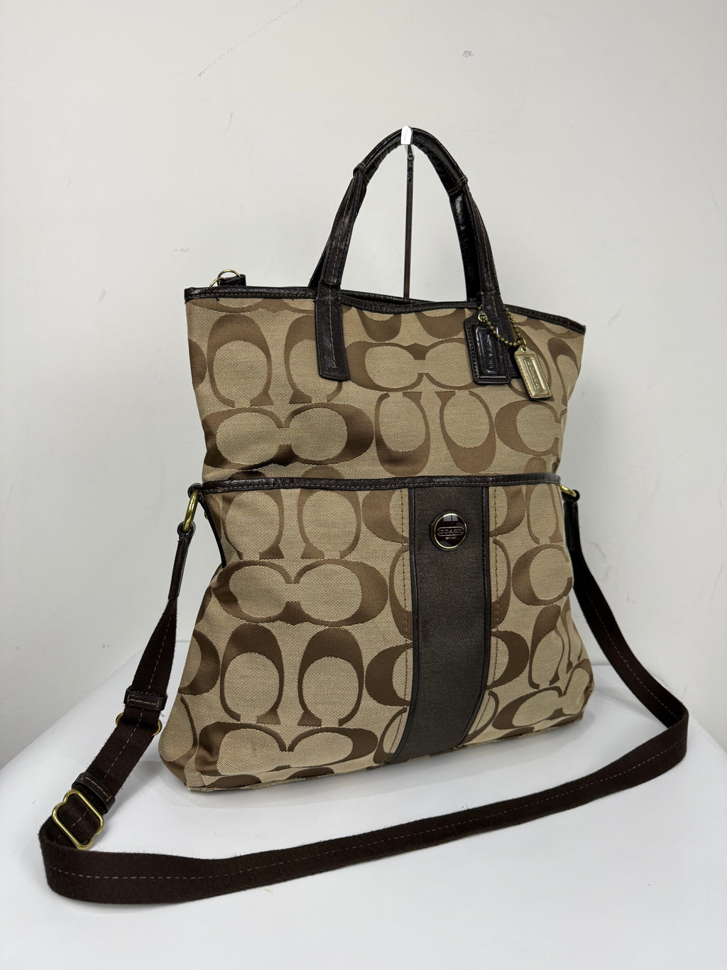 Vintage Coach Signature Stripe Fold over Tote Bag Brown/Beige Shoulder Bag Y2K