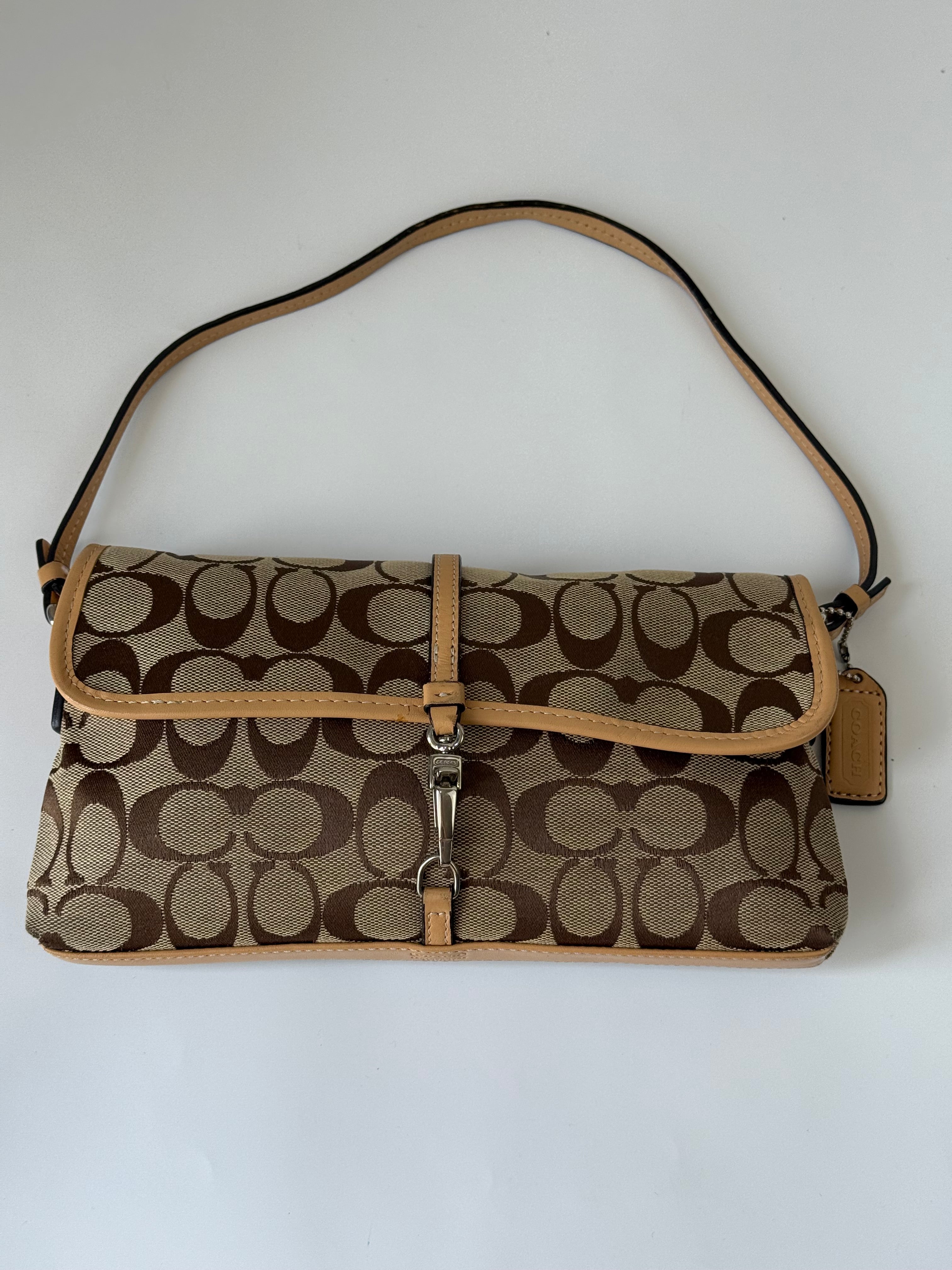 Vintage Coach Demi Clip Bag Brown Tan Signature Canvas Shoulder Bag Y2K
