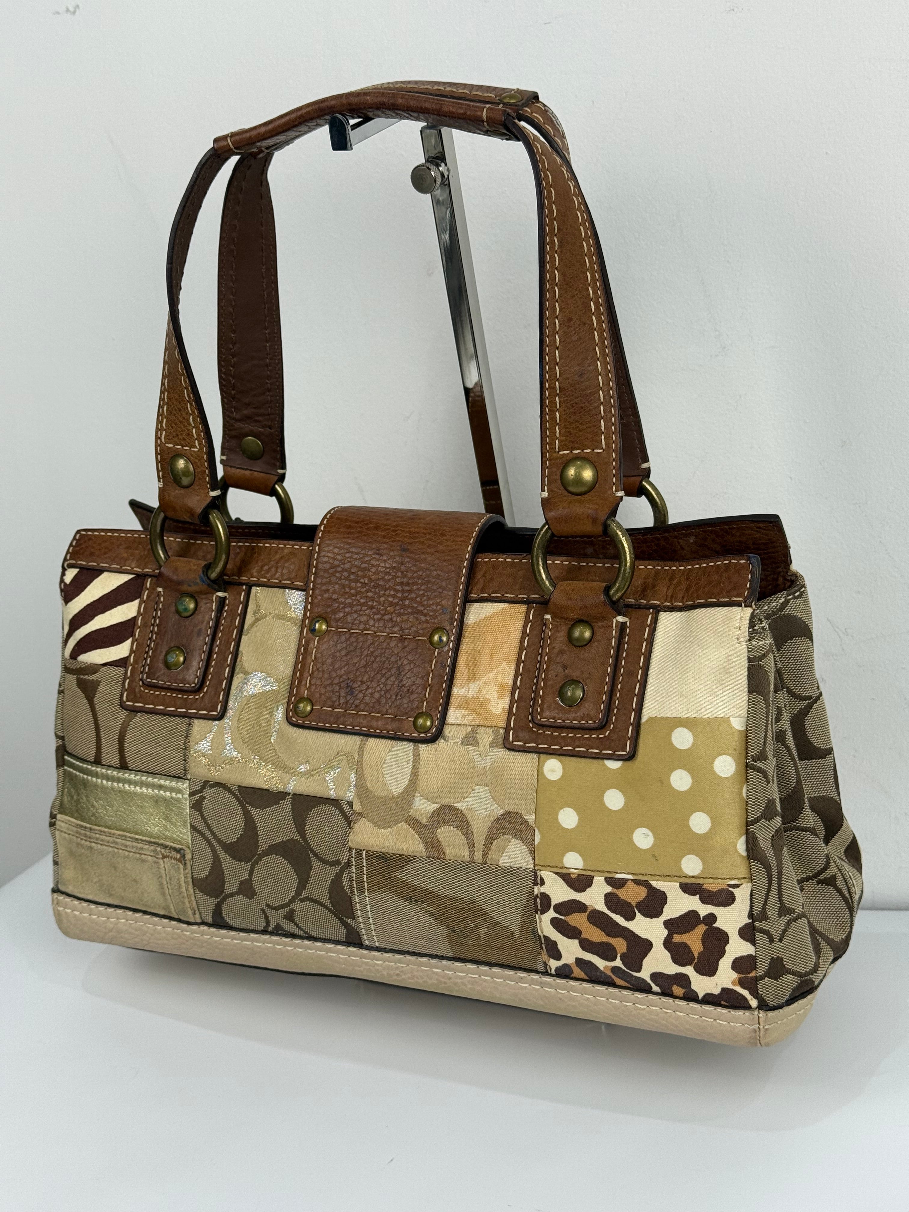 Vintage Coach Brown/Beige Patchwork TurnLock Handbag Coach Y2K Leather Bag
