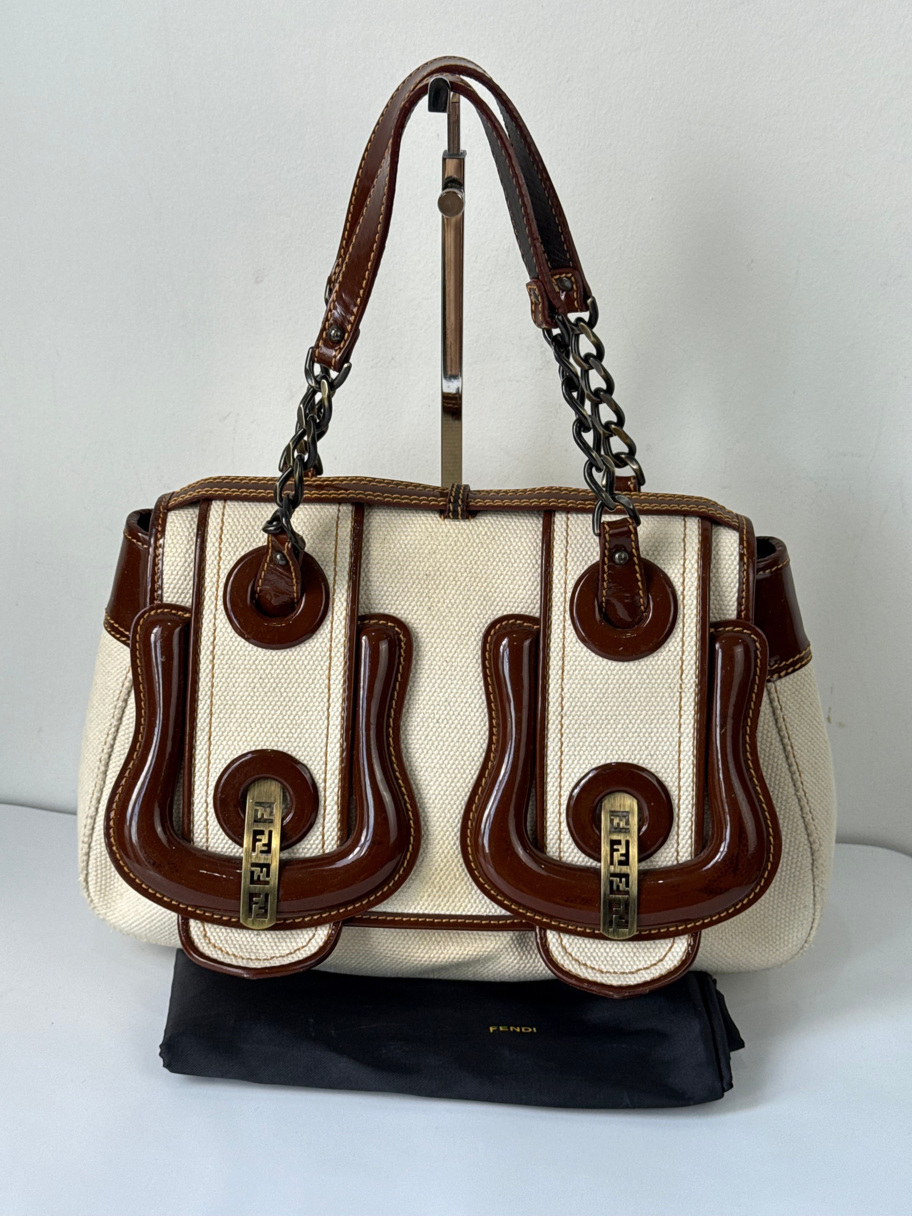 Vintage Fendi B Bag Brown Leather and White Canvas Fendi Handbag 00s Y2K
