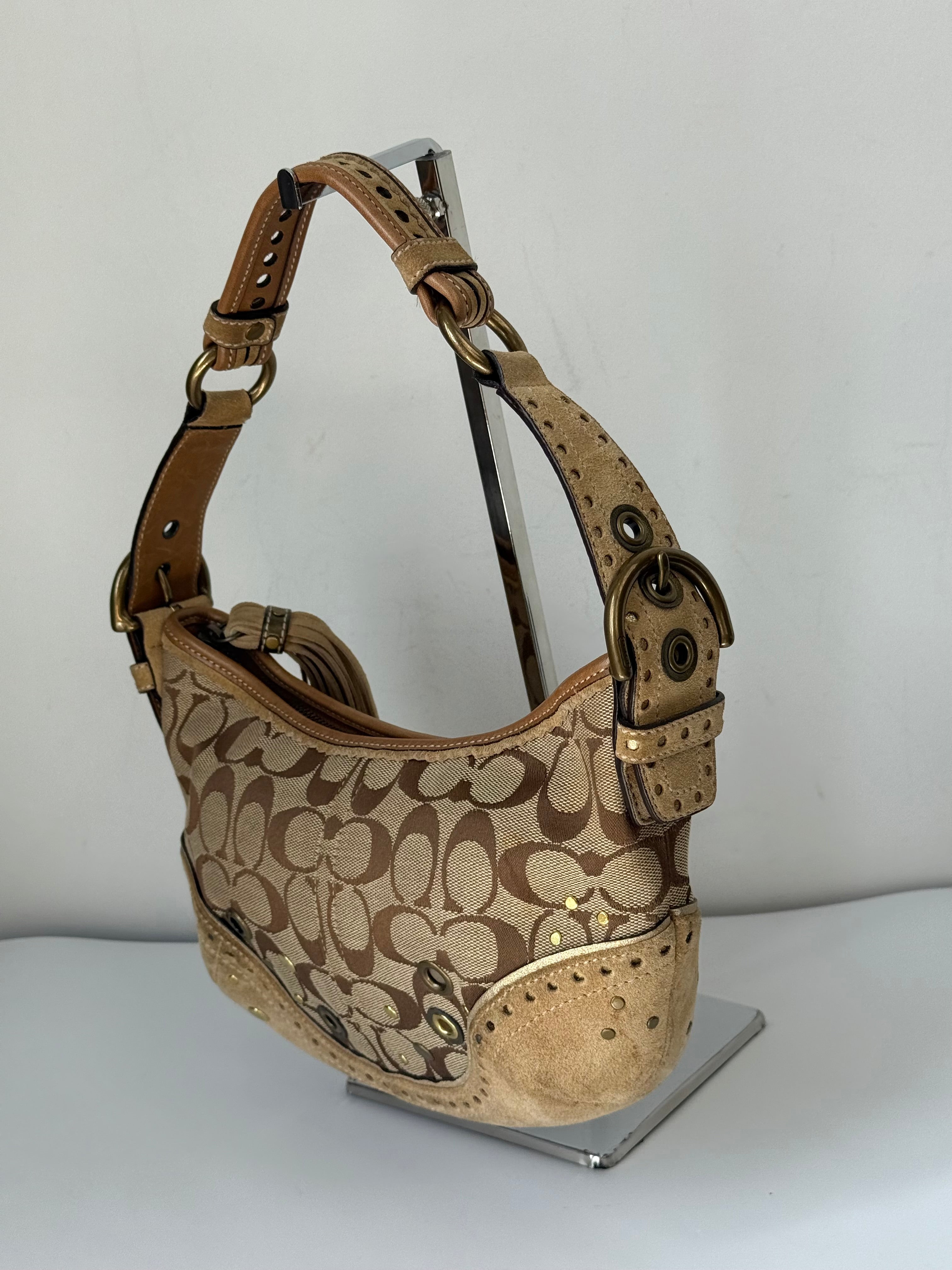 Coach Vintage Signature Sufflette Shoulder Bag Suede Studs Rare Y2K Hobo Bag