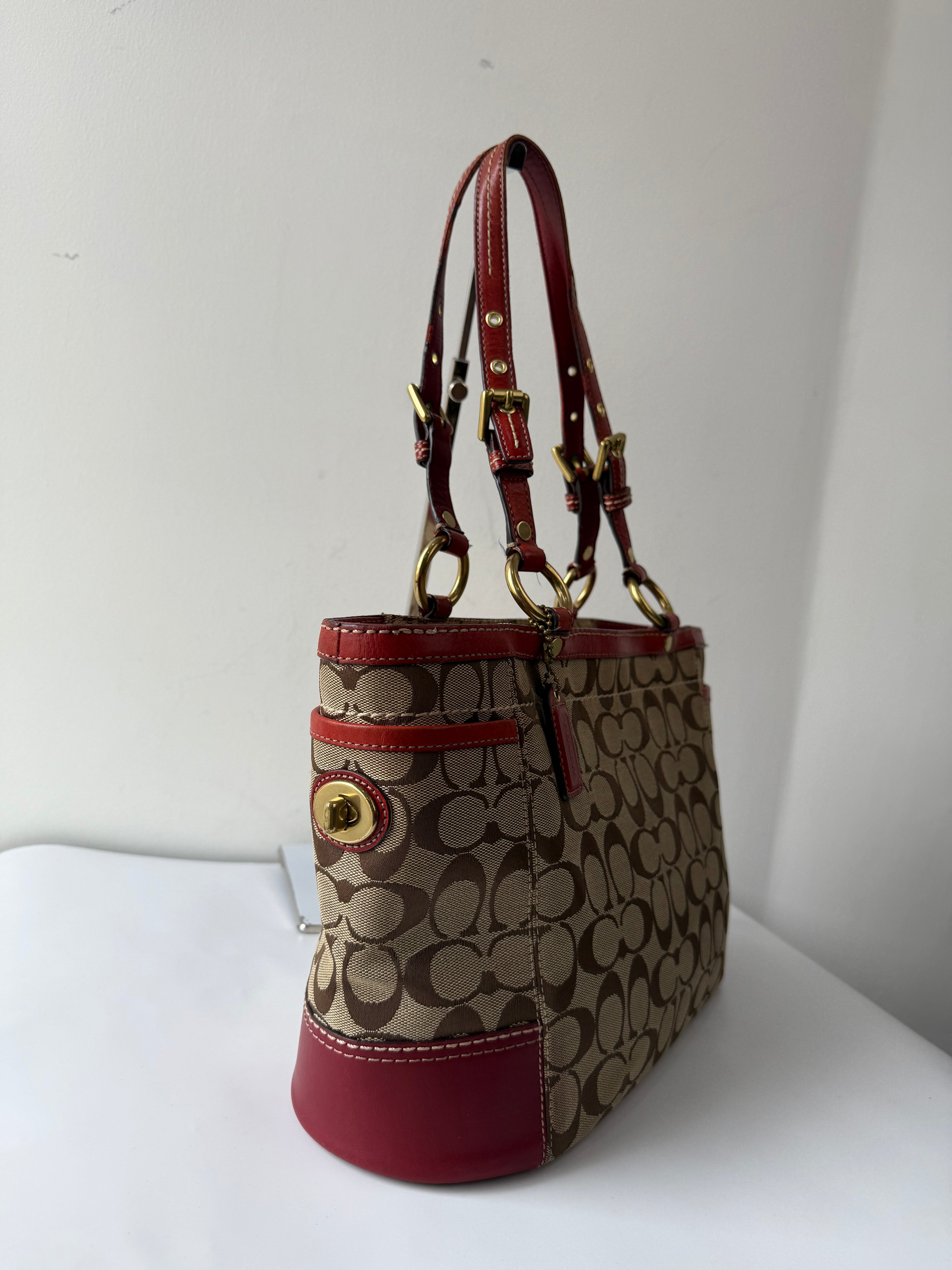 Vintage Coach Gallery Tote Bag Beige Brown Signature Red Leather Shoulder Bag