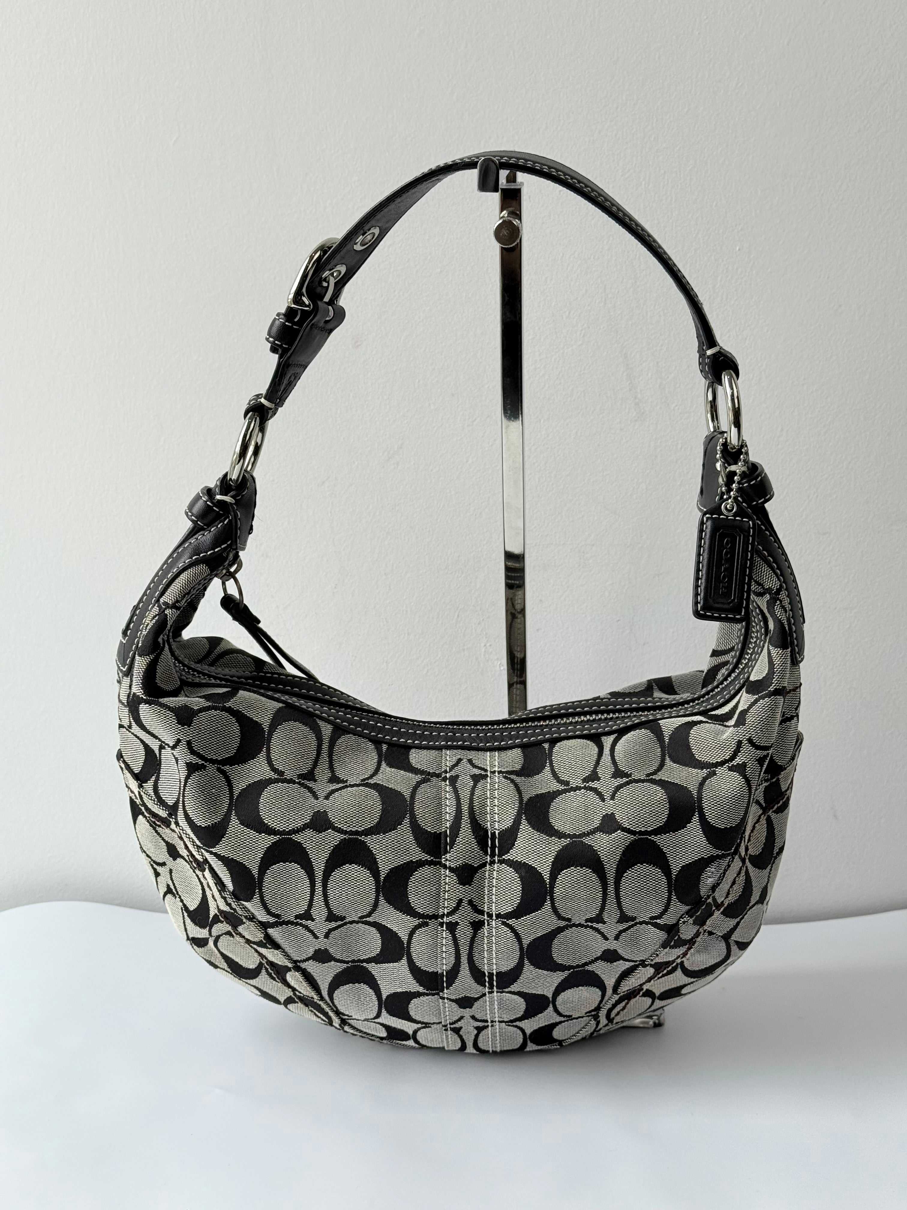 Vintage Coach Signature Hobo Bag Grey Black Canvas Leather Shoulder Bag 00s Y2K