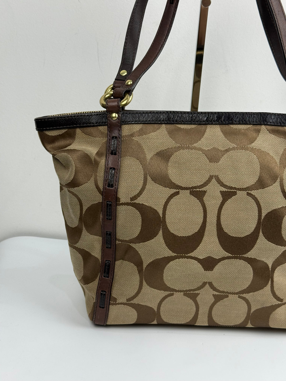 Vintage Coach Signature Zip-Top Tote Bag Brown/Beige Canvas Handbag 00s Y2K