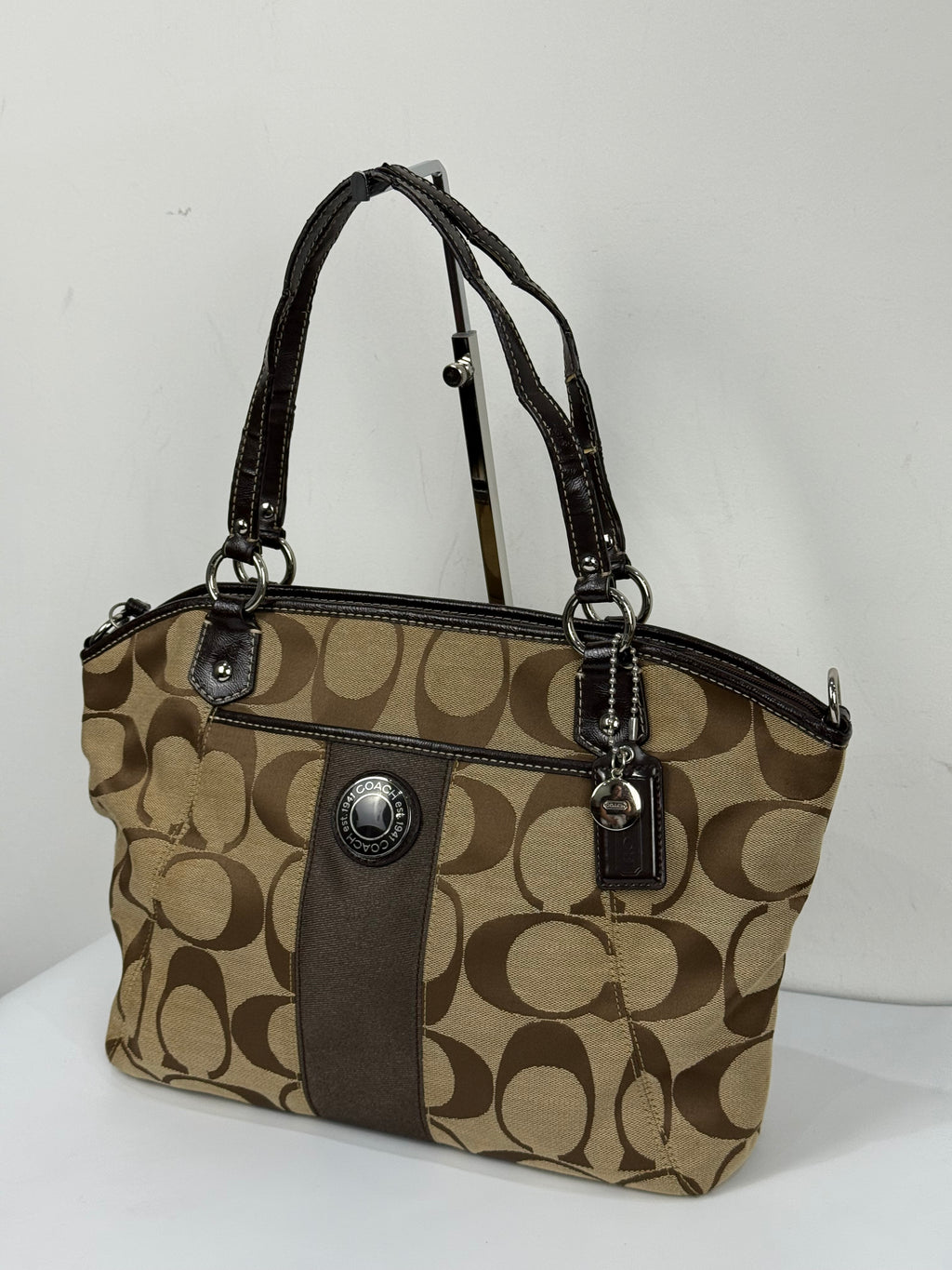 Vintage Coach Signature Stripe Pocket Satchel Bag Brown/Beige Tote Bag Y2K