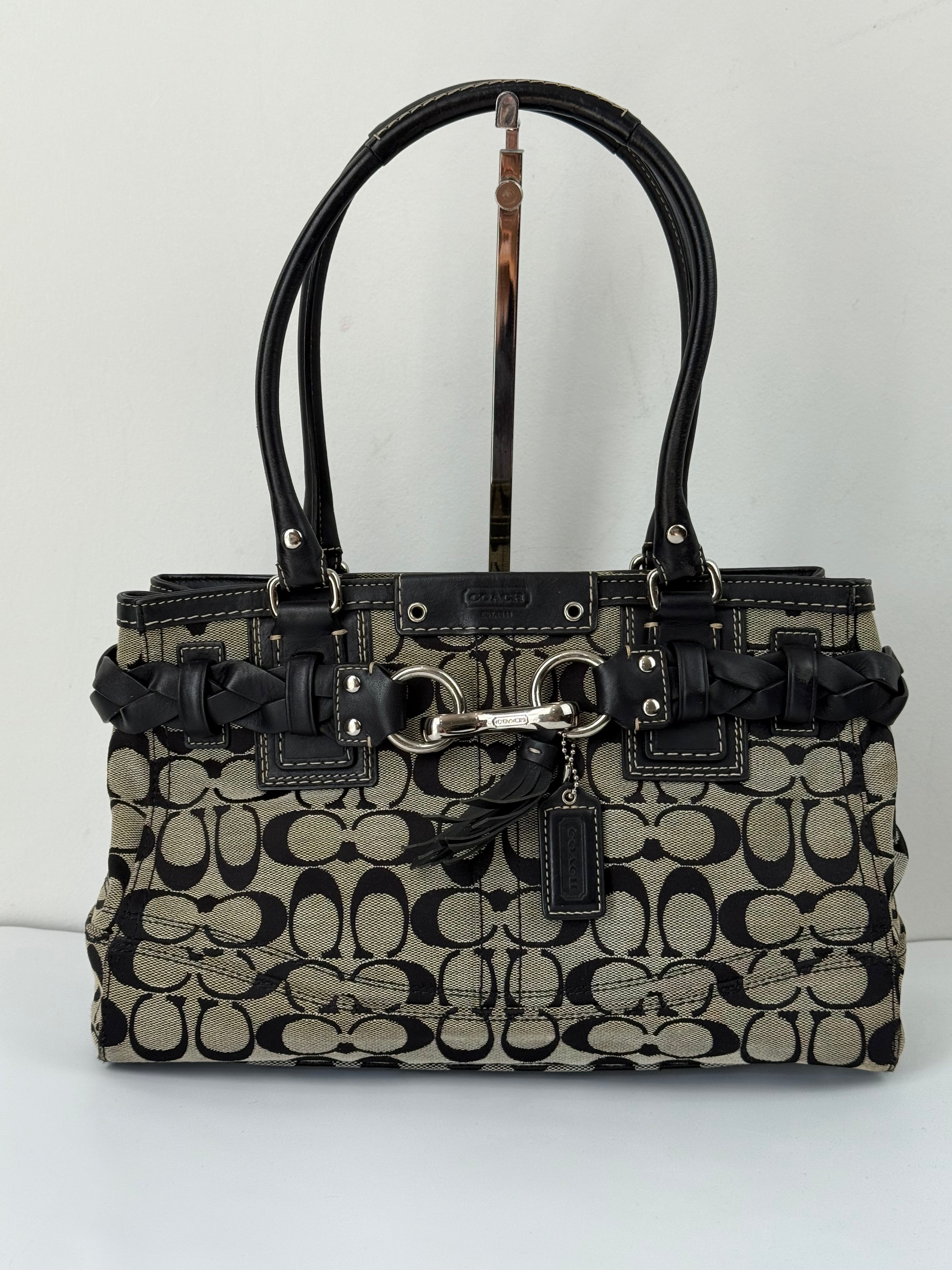 Vintage Coach Hampton Signature Tote Bag Grey and Black Coach Canvas HandBag 00s Y2K