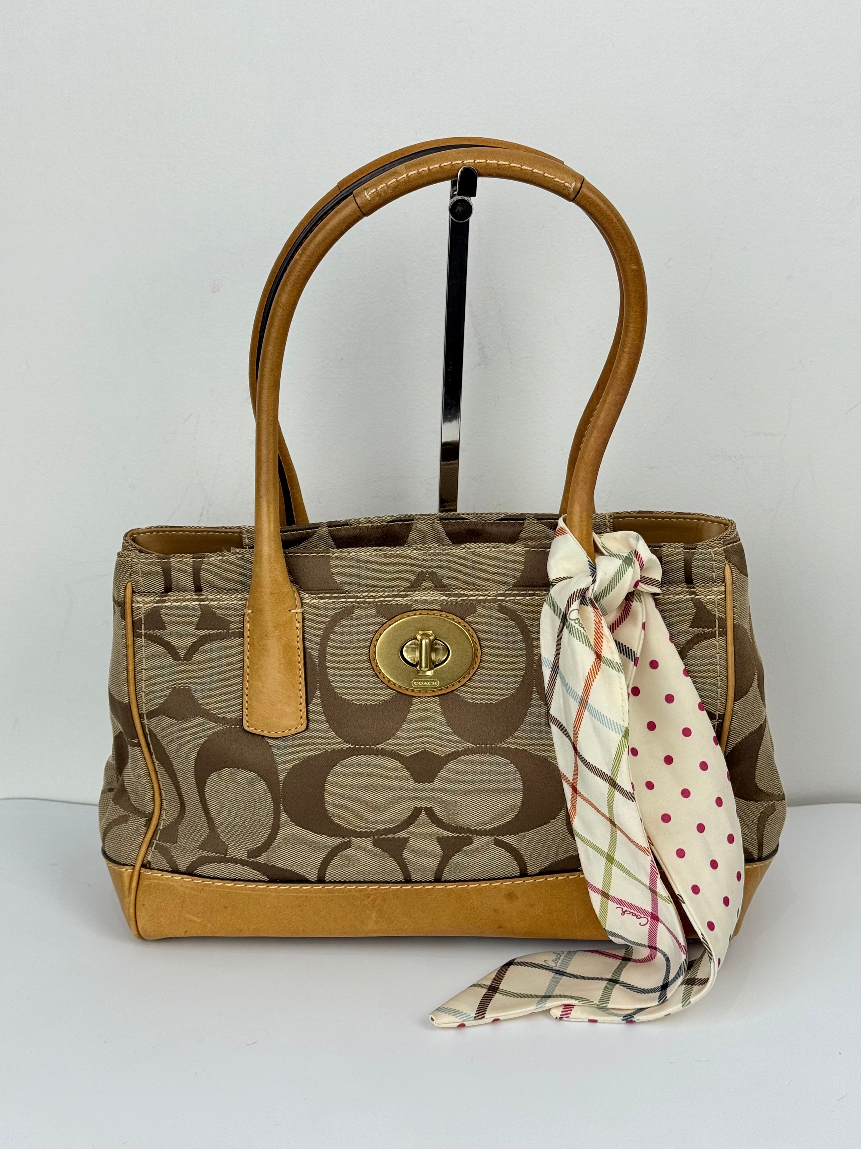 Vintage Coach Hampton Tote Bag Brown and Tan Coach Signature Monogram HandBag with Scarf 90s 00s Y2K Shoulder Bag