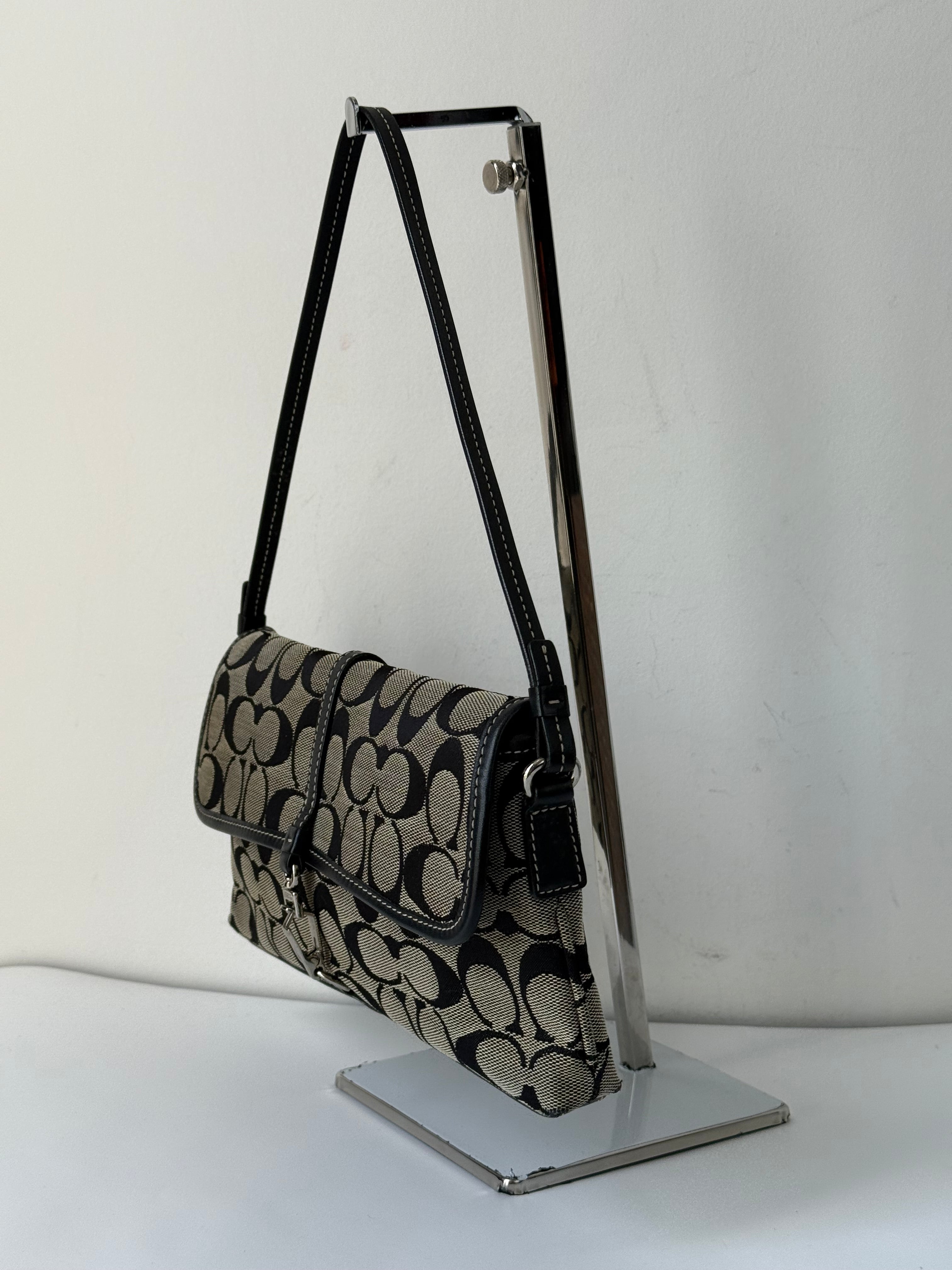 Vintage Coach Demi Clip Bag Grey and Black Signature Canvas Shoulder Bag Y2K
