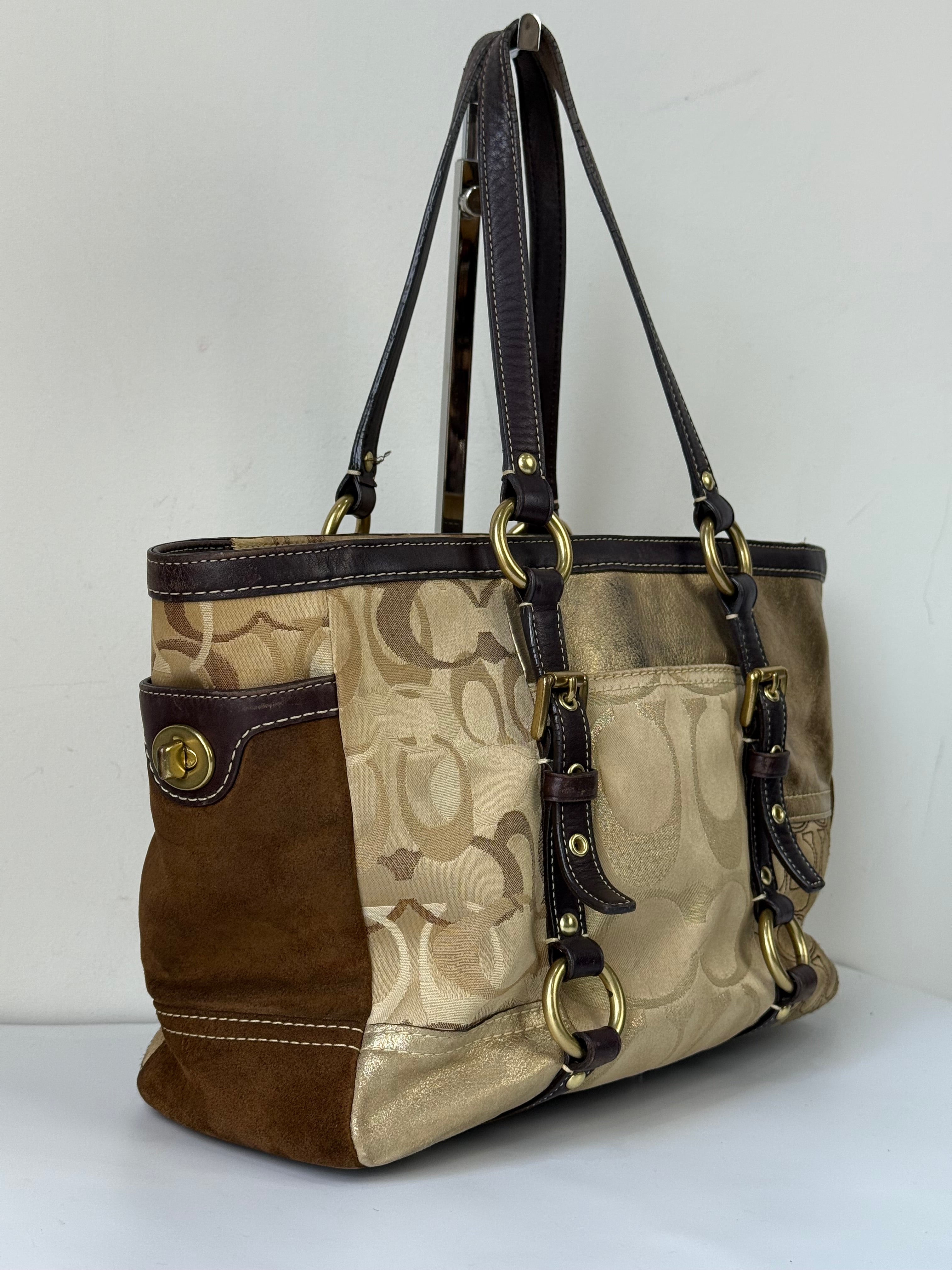 Vintage Coach Gold Multicolour Patchwork Tote Bag Coach Signature Suede Handbag 00s Y2K