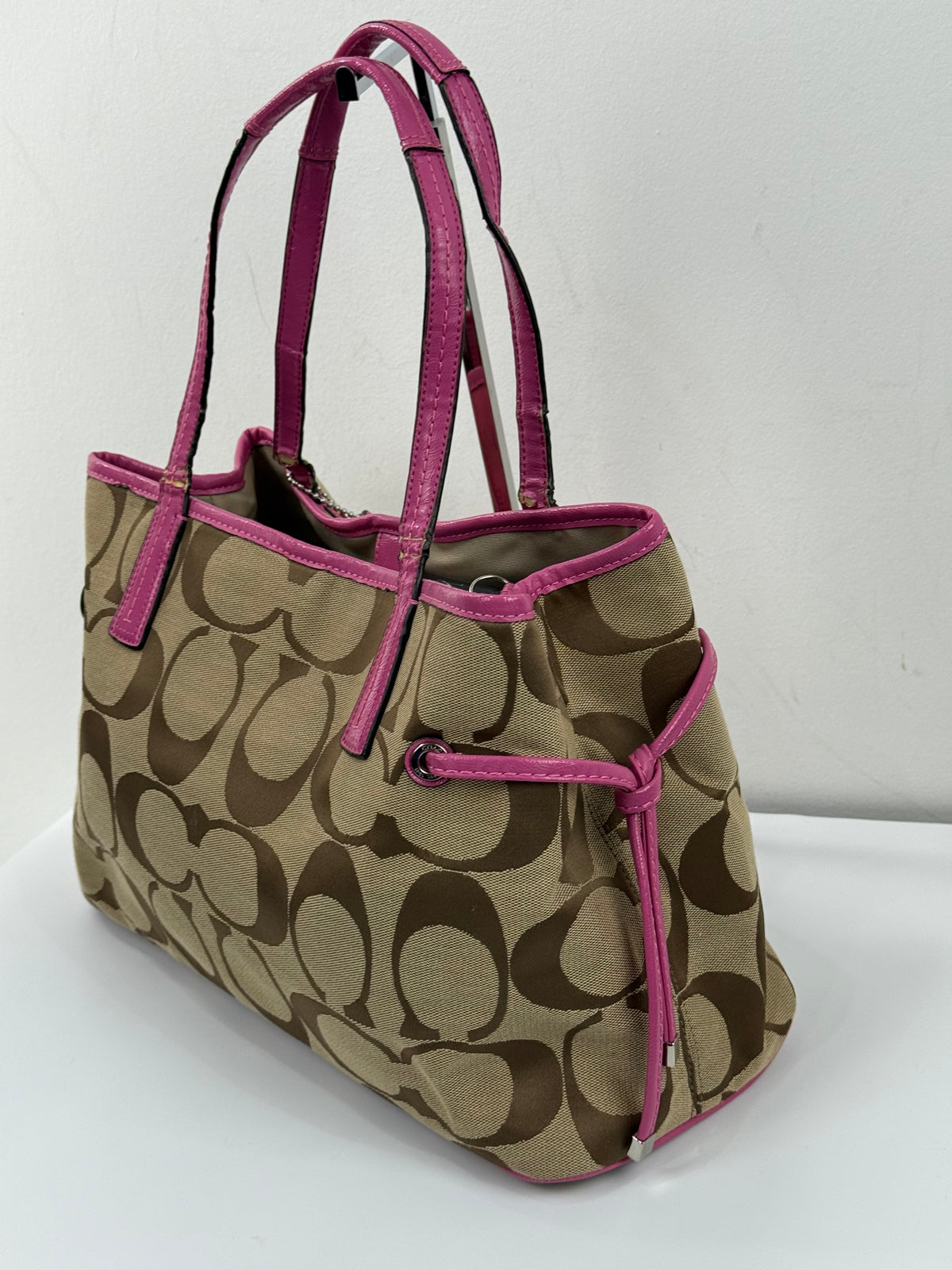 Vintage Coach Signature Stripe Carryall Tote Bag Beige Brown Coach Canvas with Pink Leather HandBag 00s Y2K
