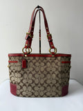 Vintage Coach Gallery Tote Bag Beige Brown Signature Red Leather Shoulder Bag
