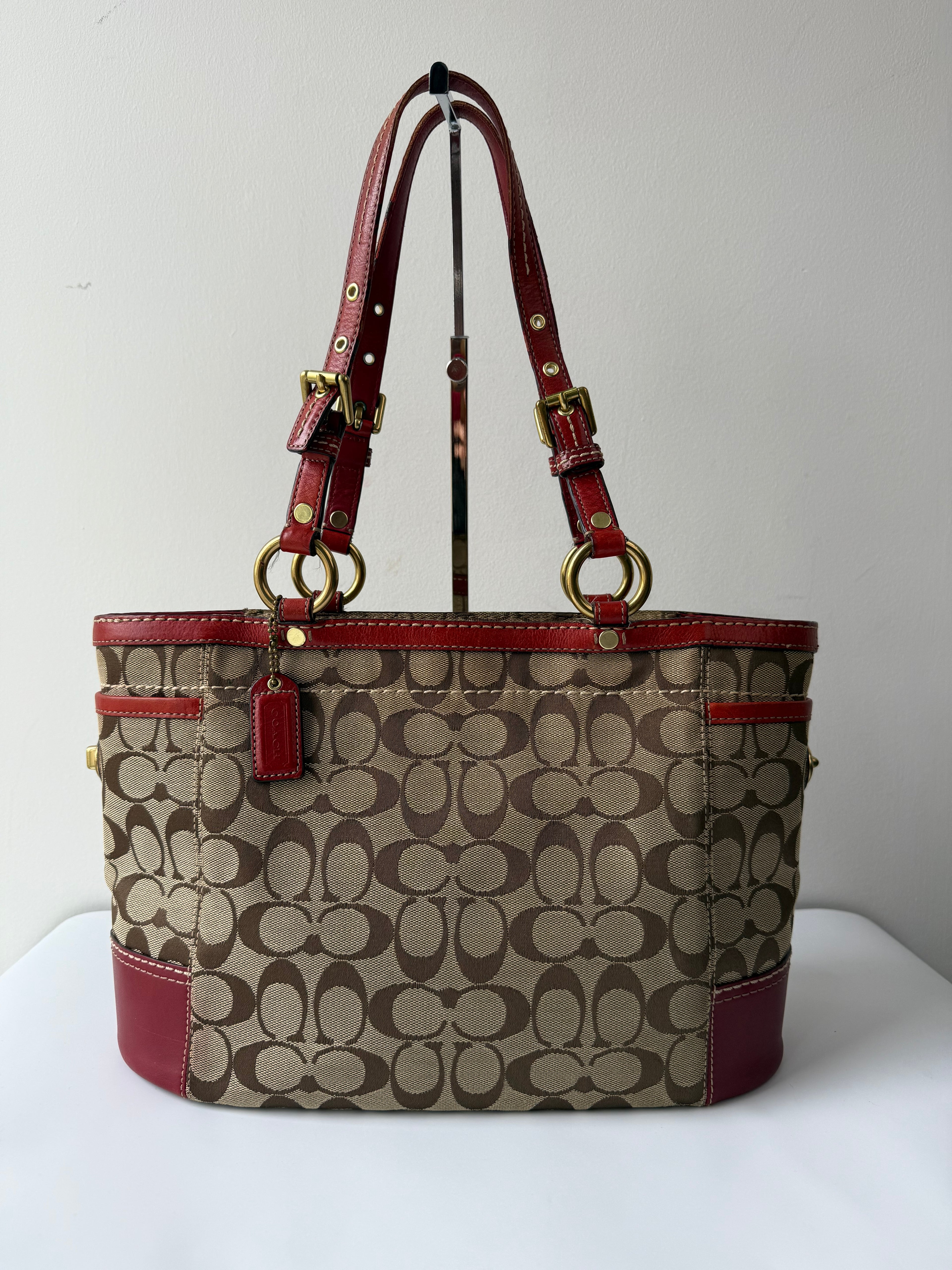 Vintage Coach Gallery Tote Bag Beige Brown Signature Red Leather Shoulder Bag