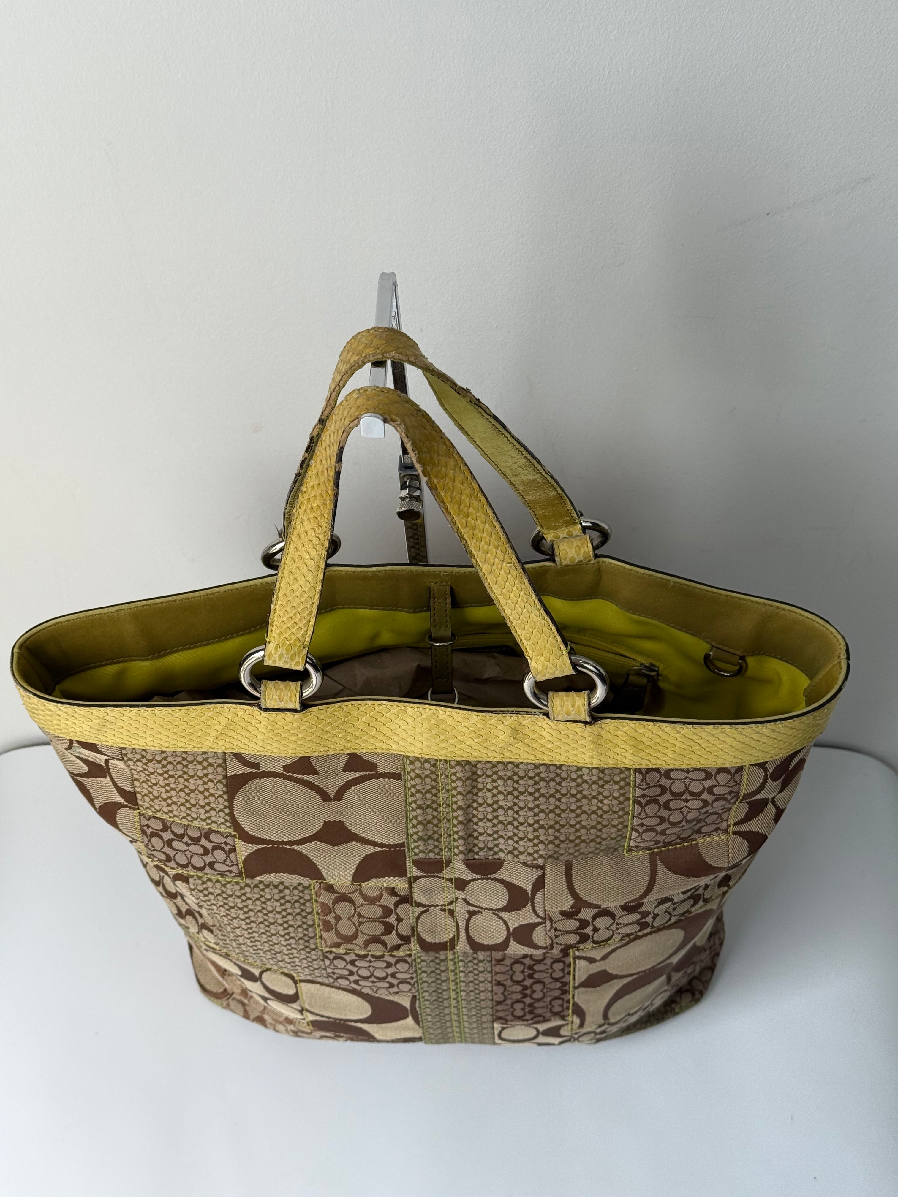 Vintage Coach Patchwork Tote Bag Coach Brown Signature Yellow Leather Handbag 00s Y2K