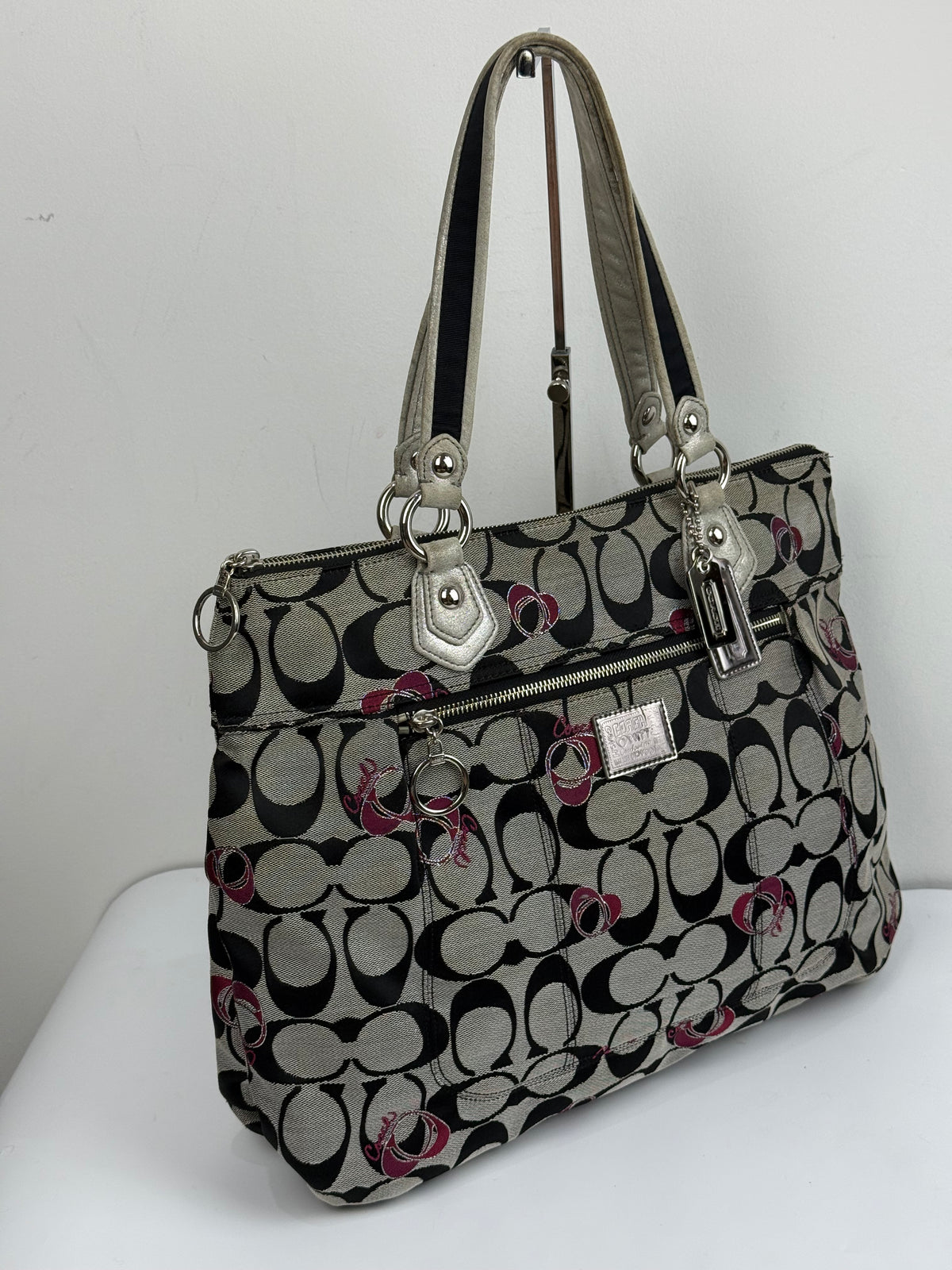 Vintage Coach Poppy Shoulder Bag Grey/Black Signature Tote Bag 00s Y2K