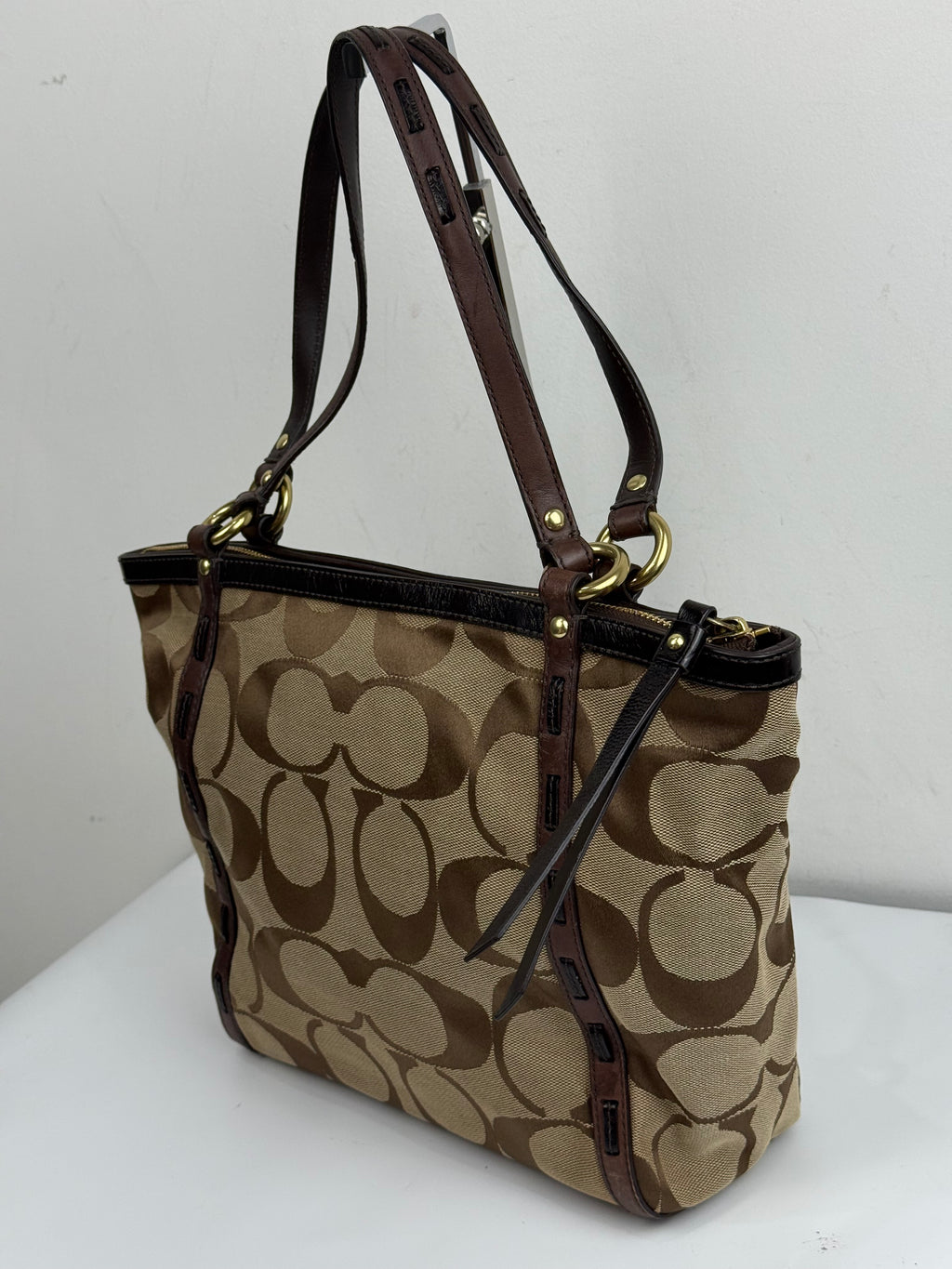 Vintage Coach Signature Zip-Top Tote Bag Brown/Beige Canvas Handbag 00s Y2K