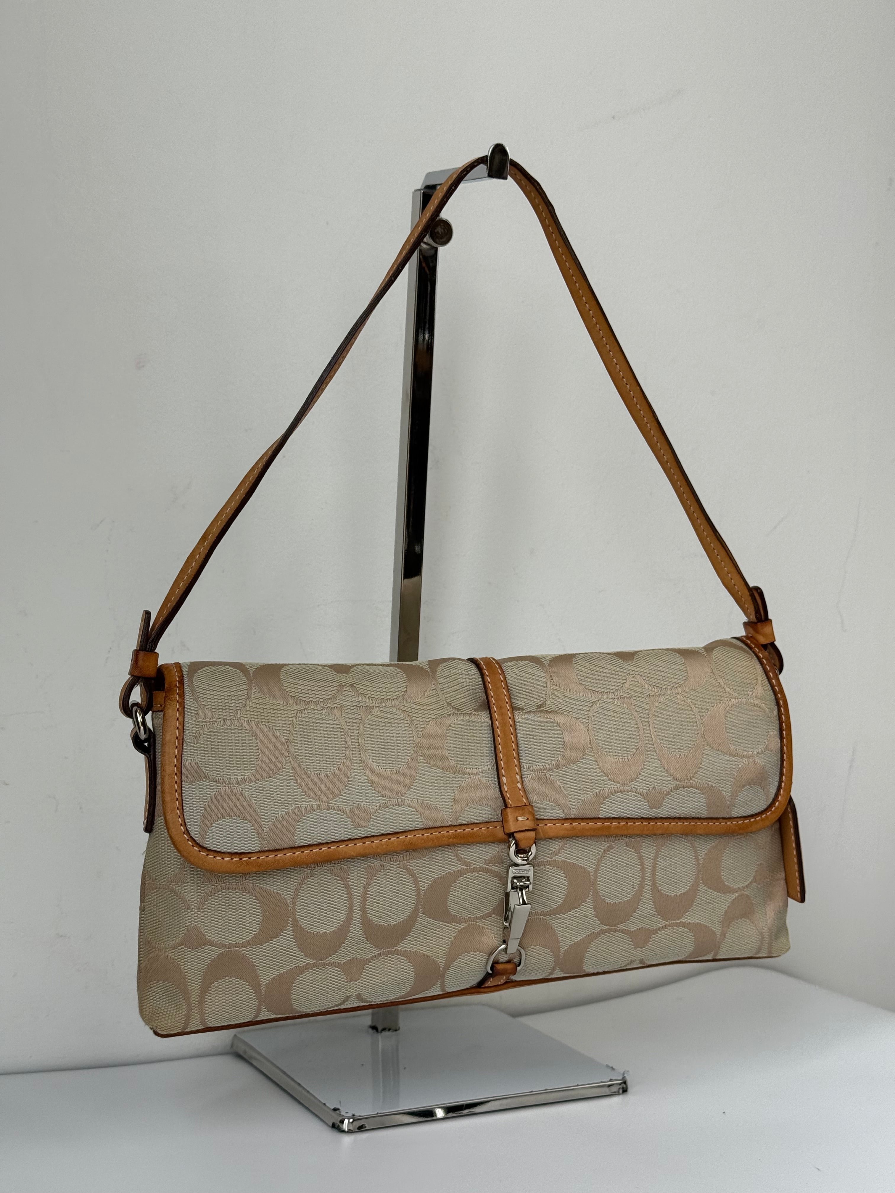 Vintage Coach Demi Clip Bag Beige and Blue Signature Canvas Shoulder Bag Y2K