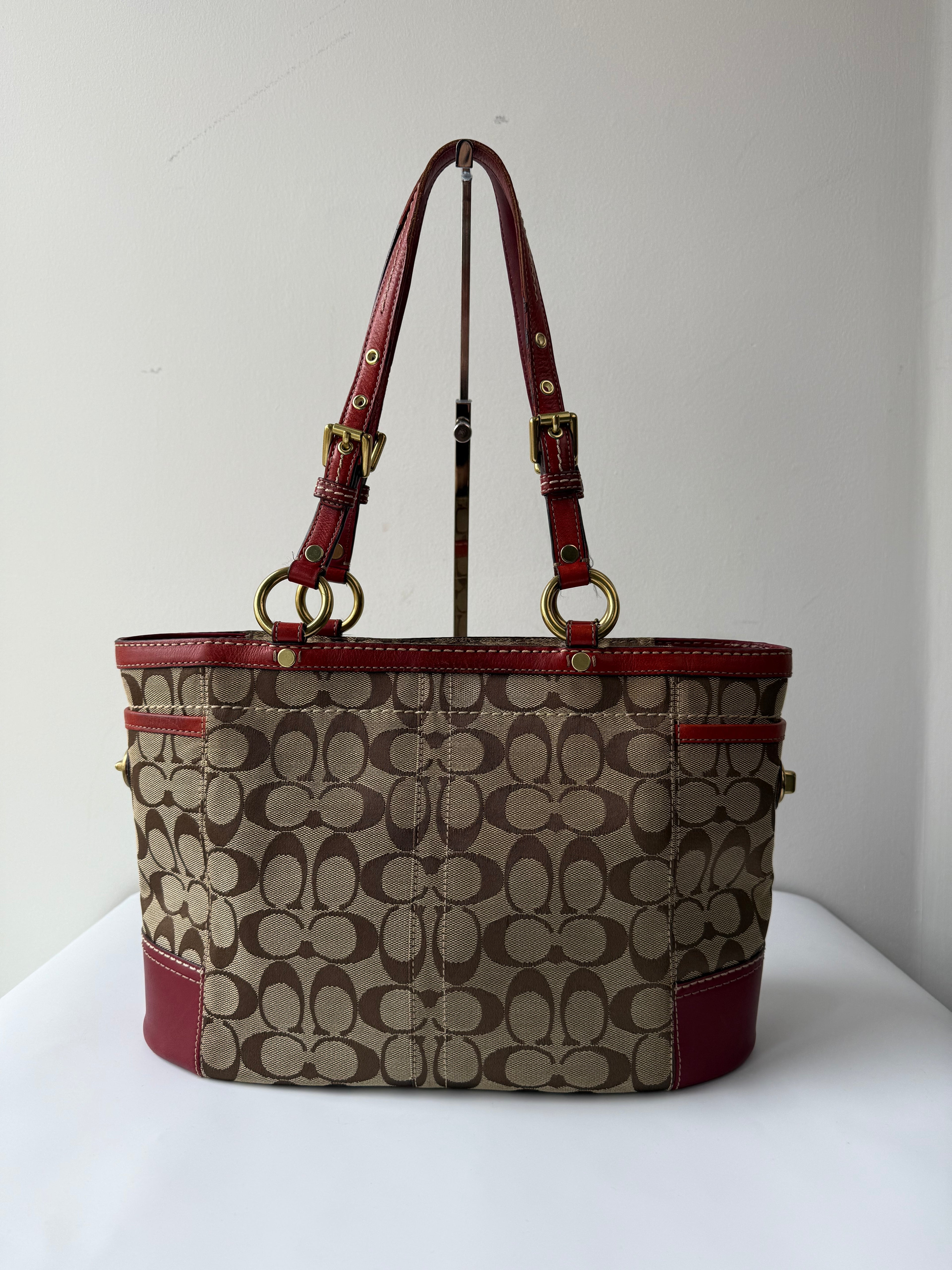 Vintage Coach Gallery Tote Bag Beige Brown Signature Red Leather Shoulder Bag