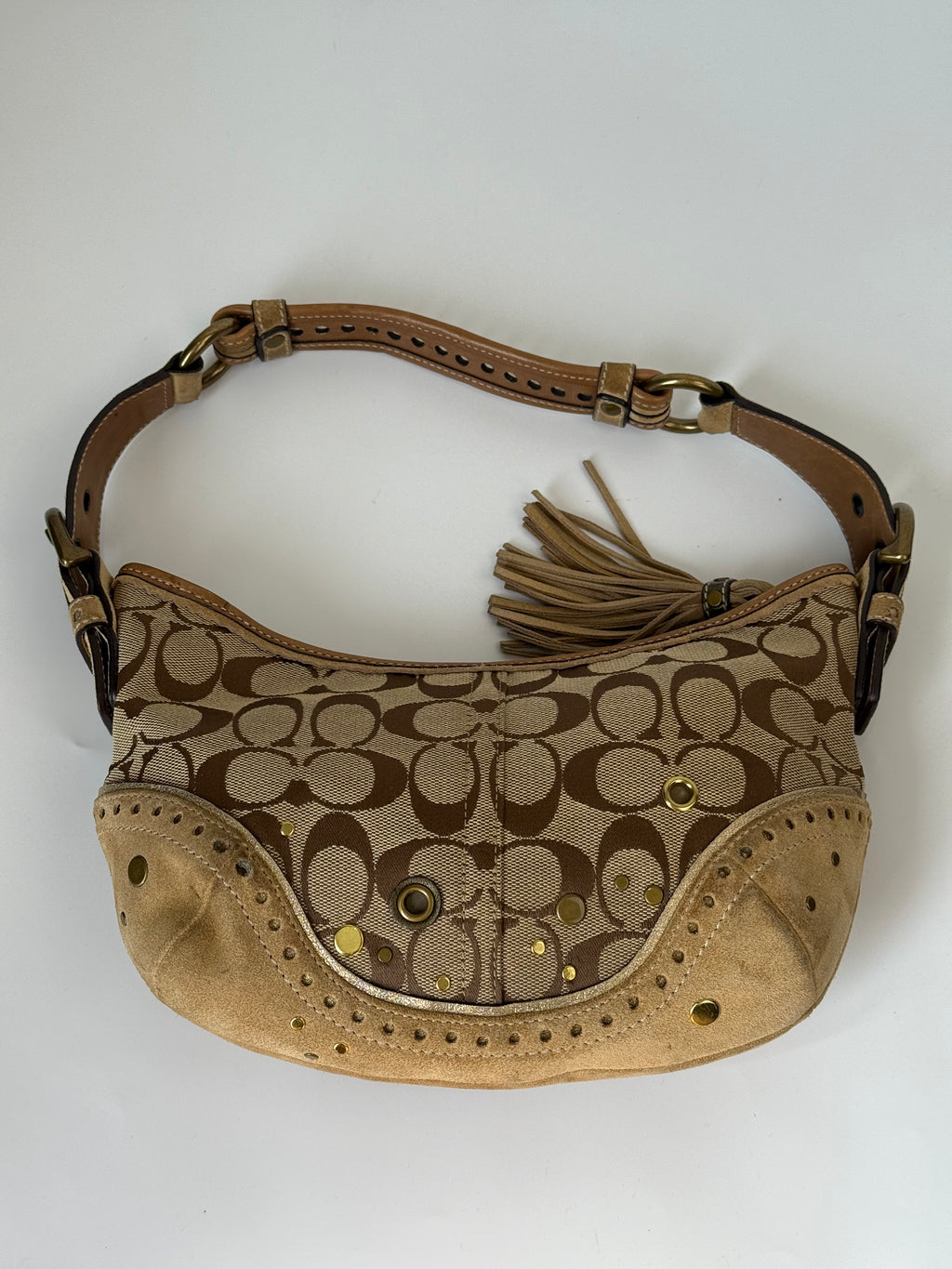 Coach Vintage Signature Sufflette Shoulder Bag Suede Studs Rare Y2K Hobo Bag