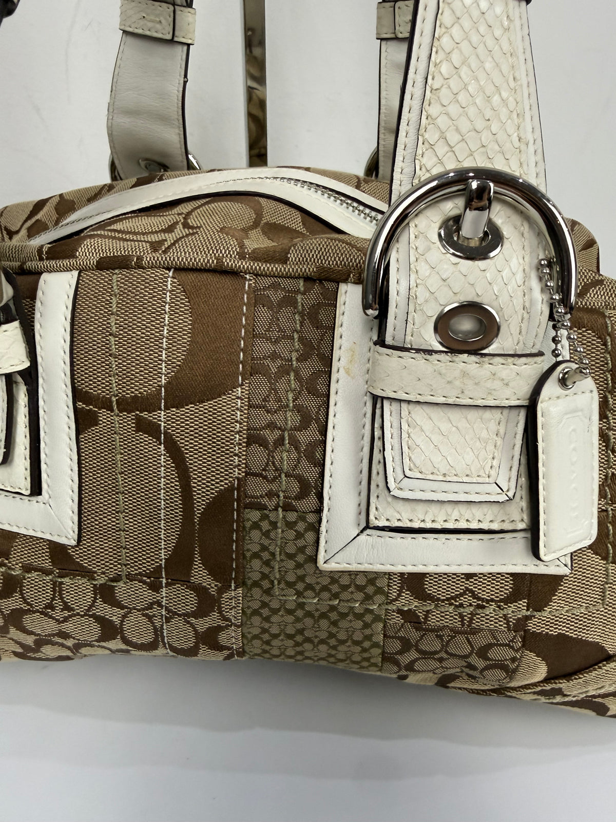 Vintage Coach Brown Patchwork Boston Satchel Soho Mia Signature Shoulder Bag 00s Y2K