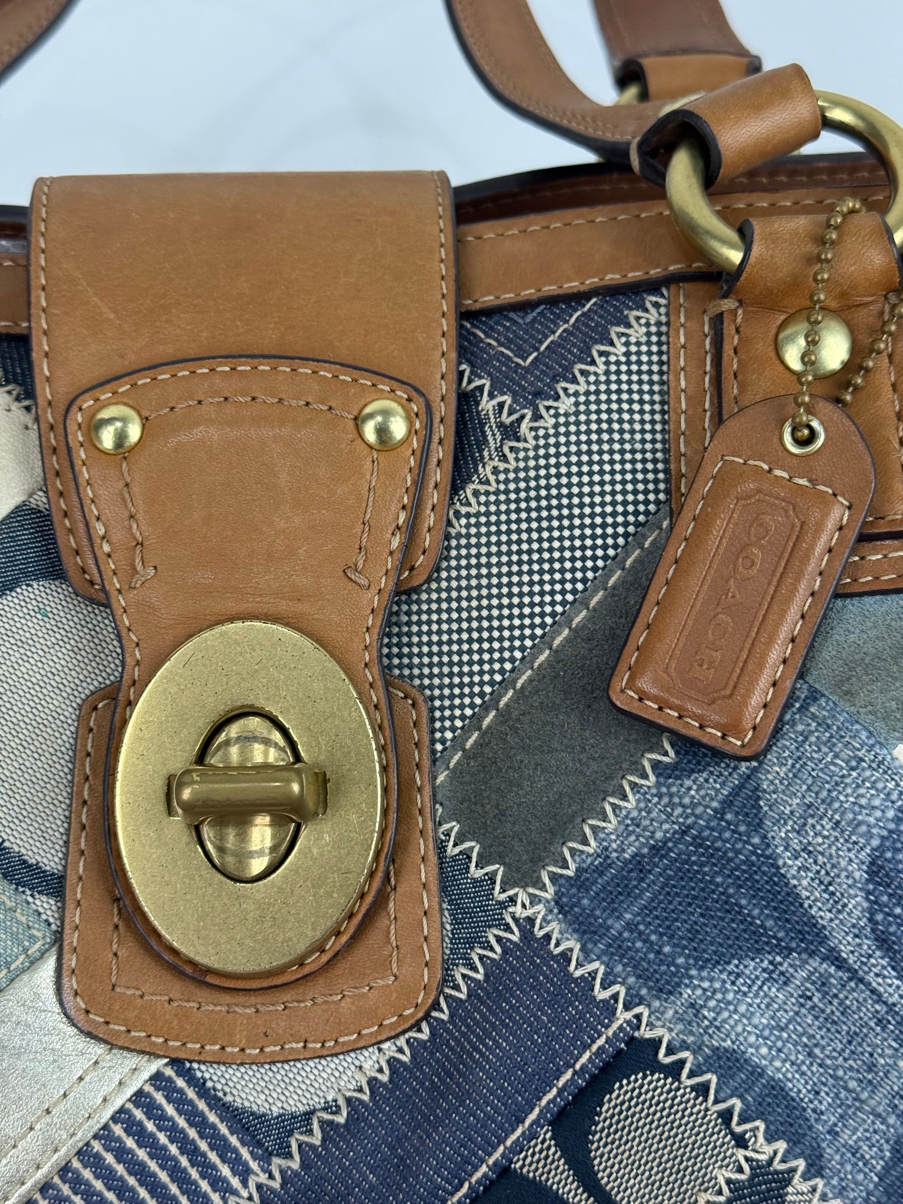 Vintage Coach Blue Denim Patchwork TurnLock HandBag Coach Y2K Leather Bag