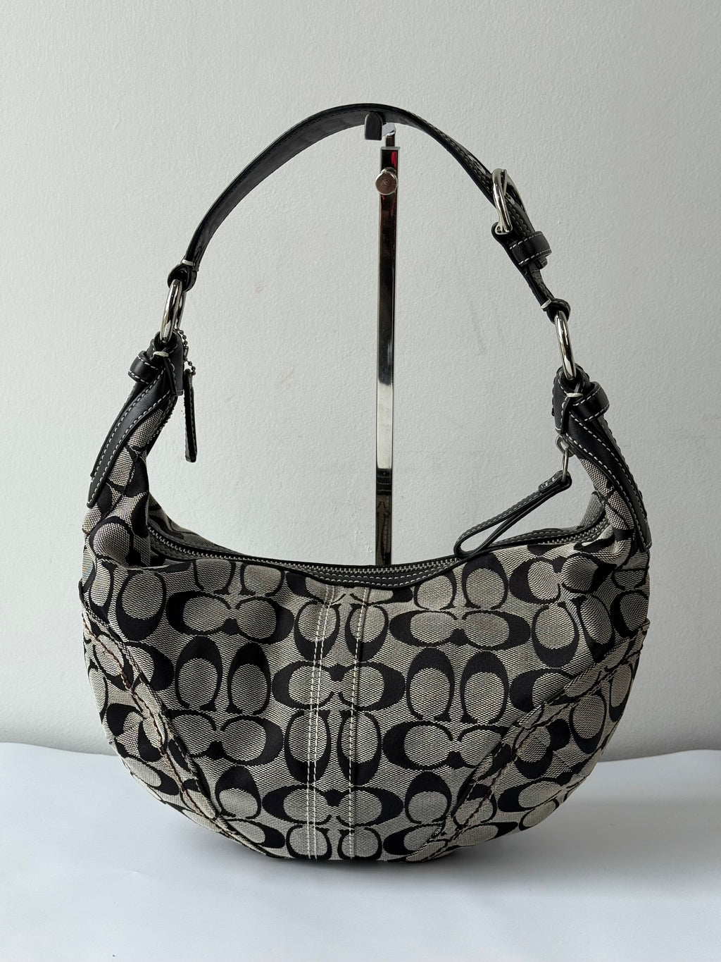 Vintage Coach Signature Hobo Bag Grey Black Canvas Leather Shoulder Bag 00s Y2K