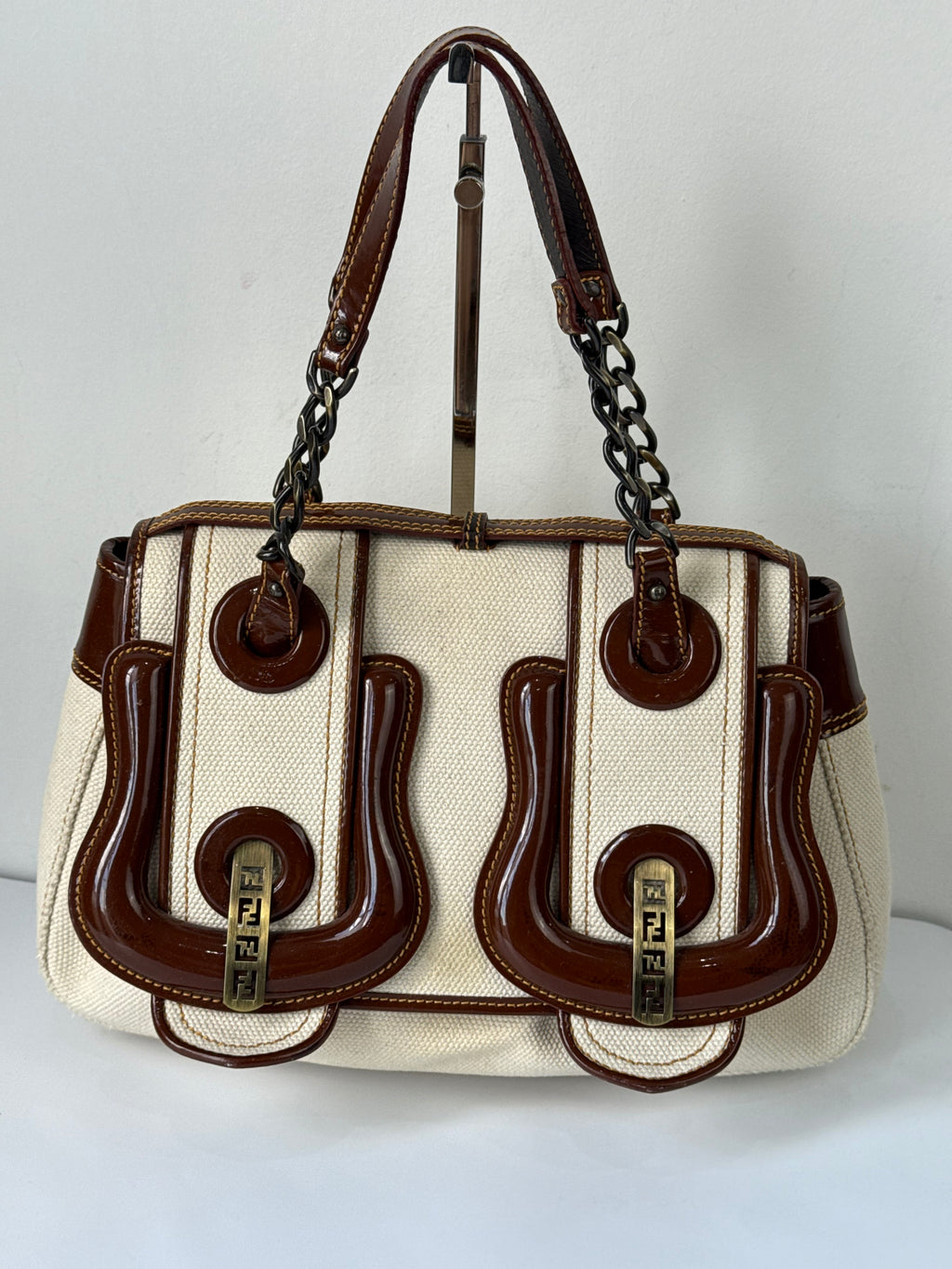 Vintage Fendi B Bag Brown Leather and White Canvas Fendi Handbag 00s Y2K
