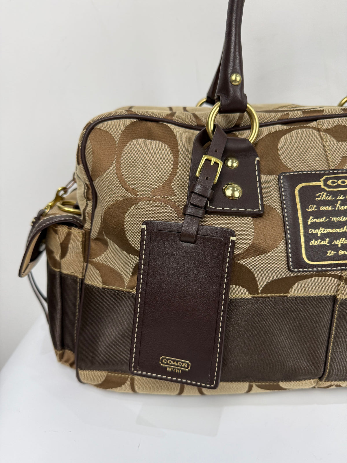 Vintage Coach Boston Travel Carry-On Bag Brown Signature Stripe Duffle Bag 00s Y2K