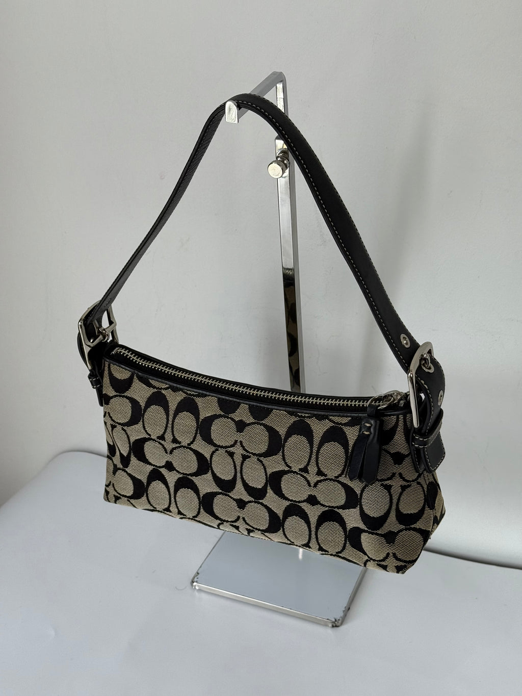 Vintage Coach Baguette East West Bag Grey Black Signature Canvas Shoulder Bag Y2K