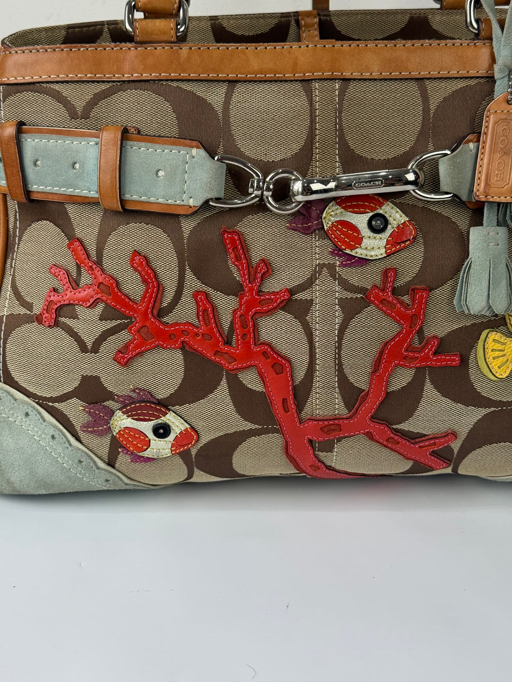 Super Rare Vintage Coach Signature Fish & Coral Appliqué Bag Coach Hampton Leather Satchel Handbag 00s Y2K