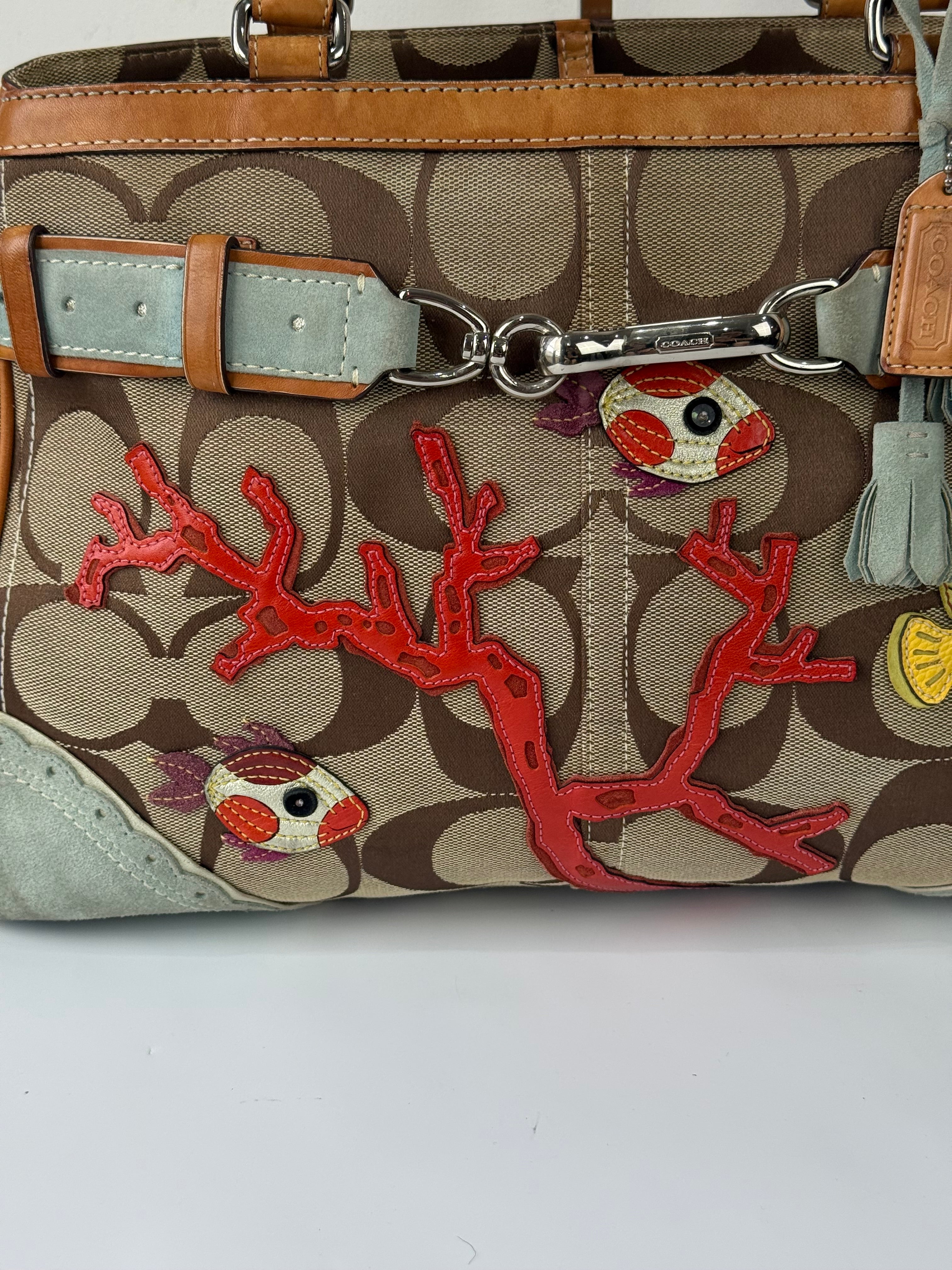 Super Rare Vintage Coach Signature Fish & Coral Appliqué Bag Coach Hampton Leather Satchel Handbag 00s Y2K