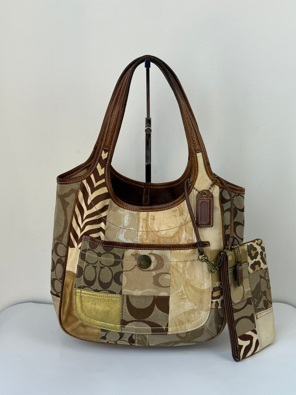 Vintage Coach Ergo Patchwork Tote Bag Bag Brown Signature Canvas Handbag with Coin Purse 00s Y2K