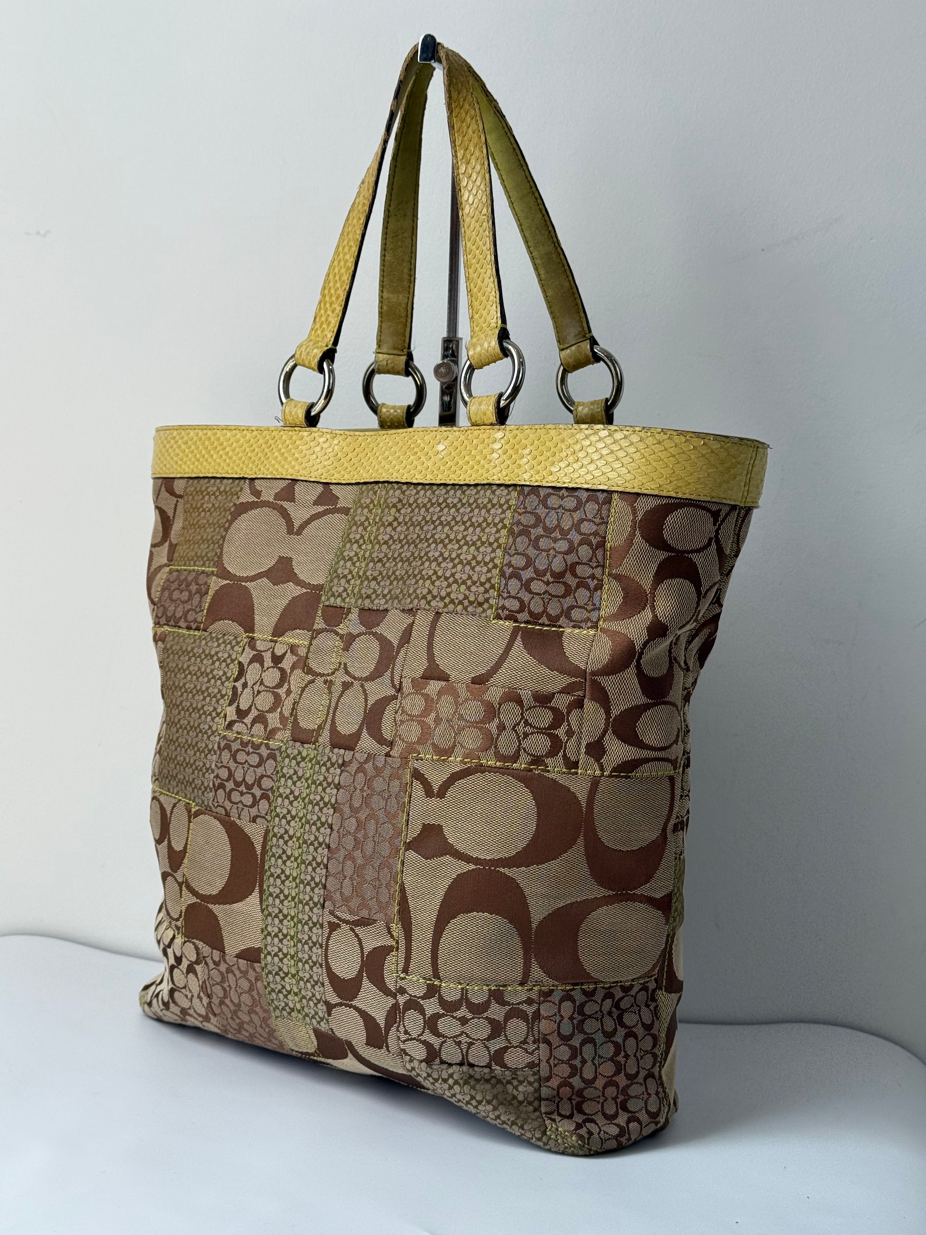 Vintage Coach Patchwork Tote Bag Coach Brown Signature Yellow Leather Handbag 00s Y2K