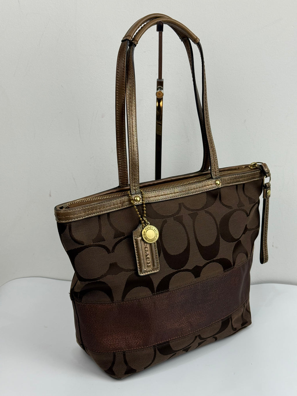 Vintage Coach Mini Tote Bag Brown Signature Canvas Handbag 00s Y2K