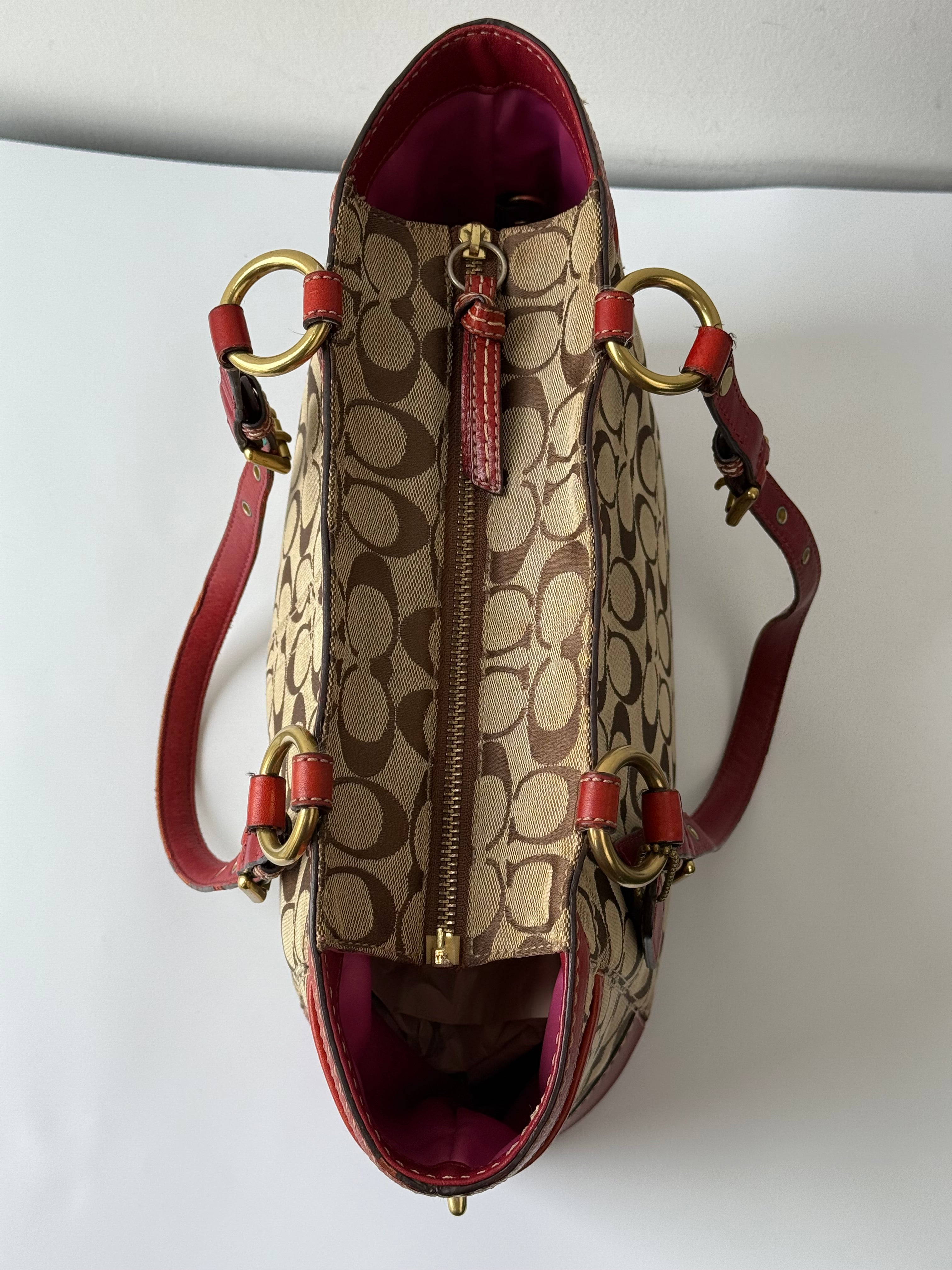 Vintage Coach Gallery Tote Bag Beige Brown Signature Red Leather Shoulder Bag
