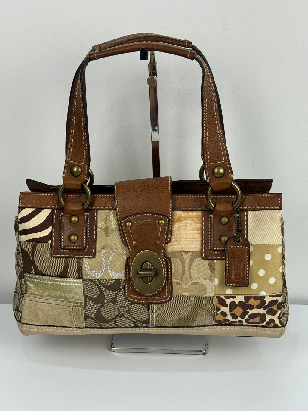 Vintage Coach Brown/Beige Patchwork TurnLock Handbag Coach Y2K Leather Bag