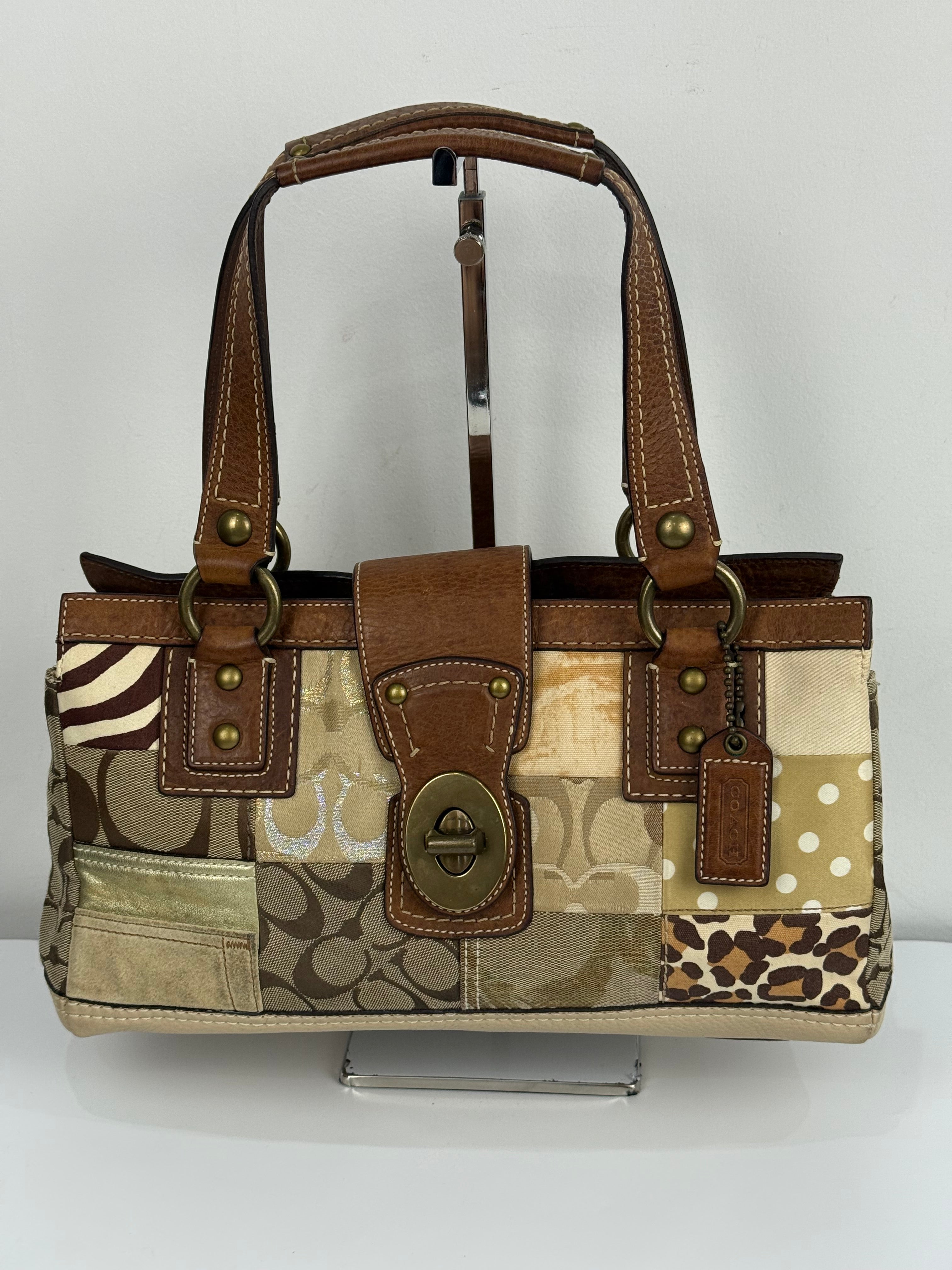 Vintage Coach Brown/Beige Patchwork TurnLock Handbag Coach Y2K Leather Bag