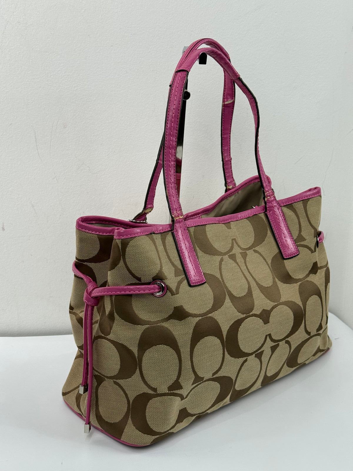 Vintage Coach Signature Stripe Carryall Tote Bag Beige Brown Coach Canvas with Pink Leather HandBag 00s Y2K