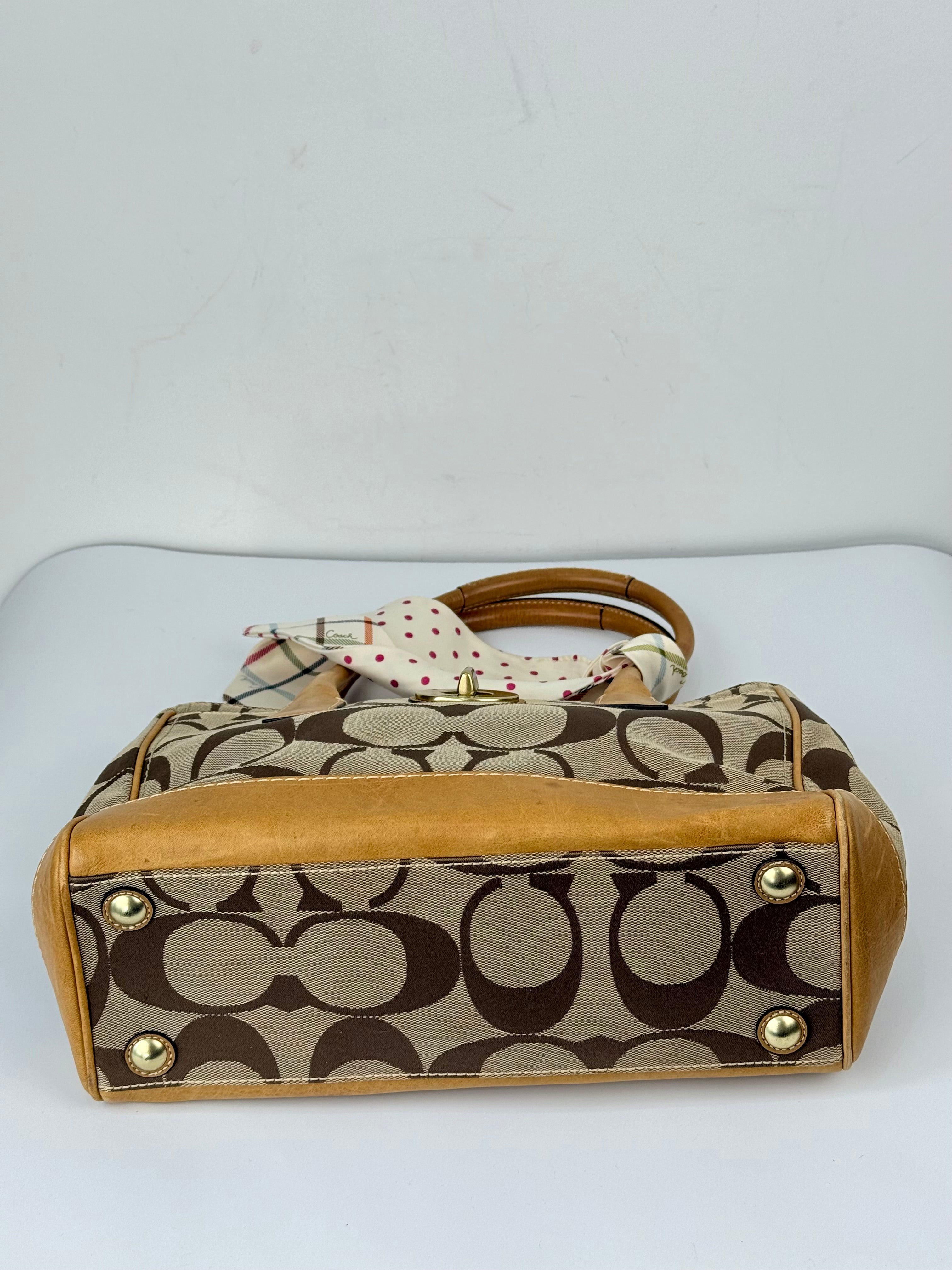 Vintage Coach Hampton Tote Bag Brown and Tan Coach Signature Monogram HandBag with Scarf 90s 00s Y2K Shoulder Bag