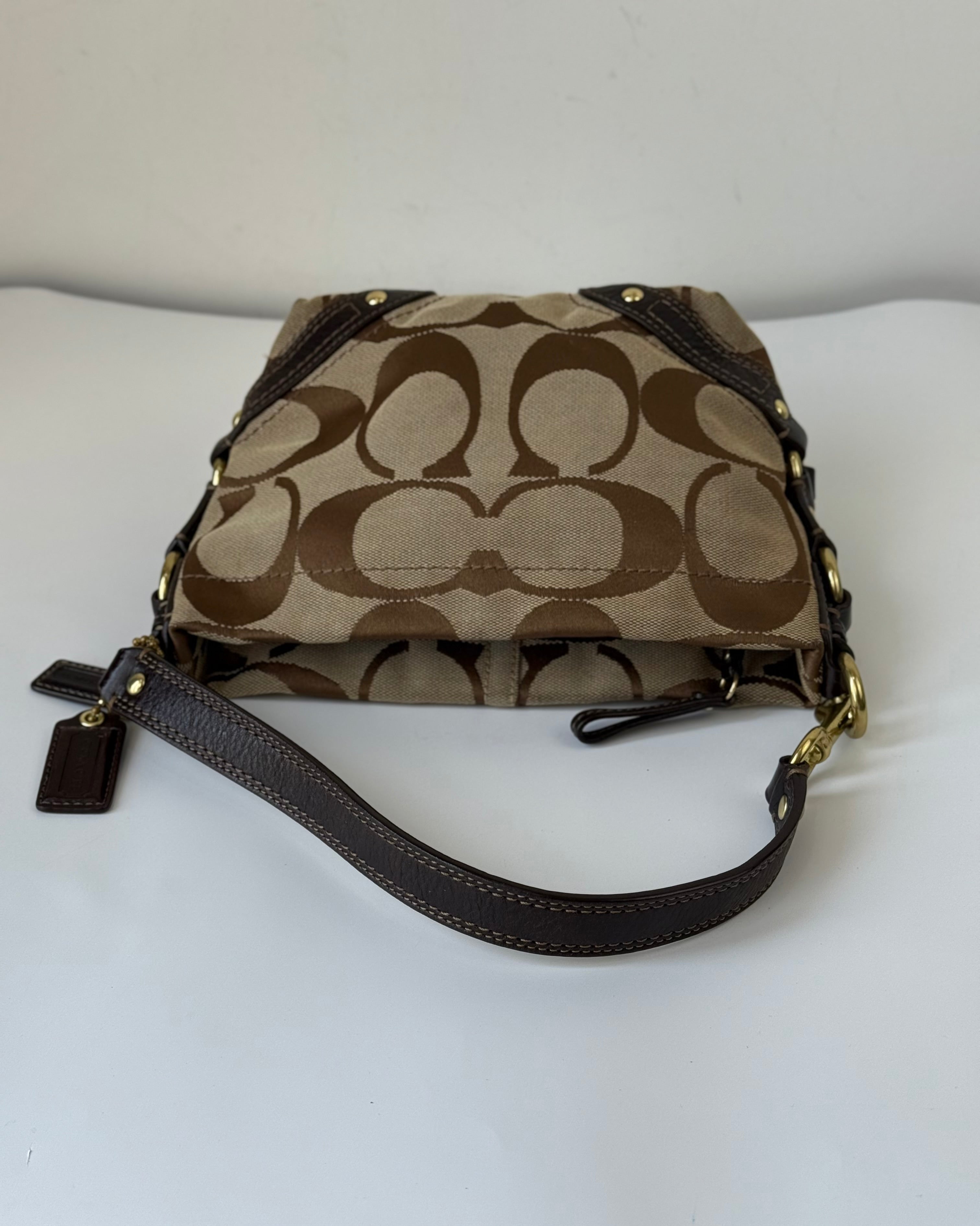 Vintage Coach Mini Carly Shoulder Bag Brown & Beige Signature Hobo Handbag 00s Y2K