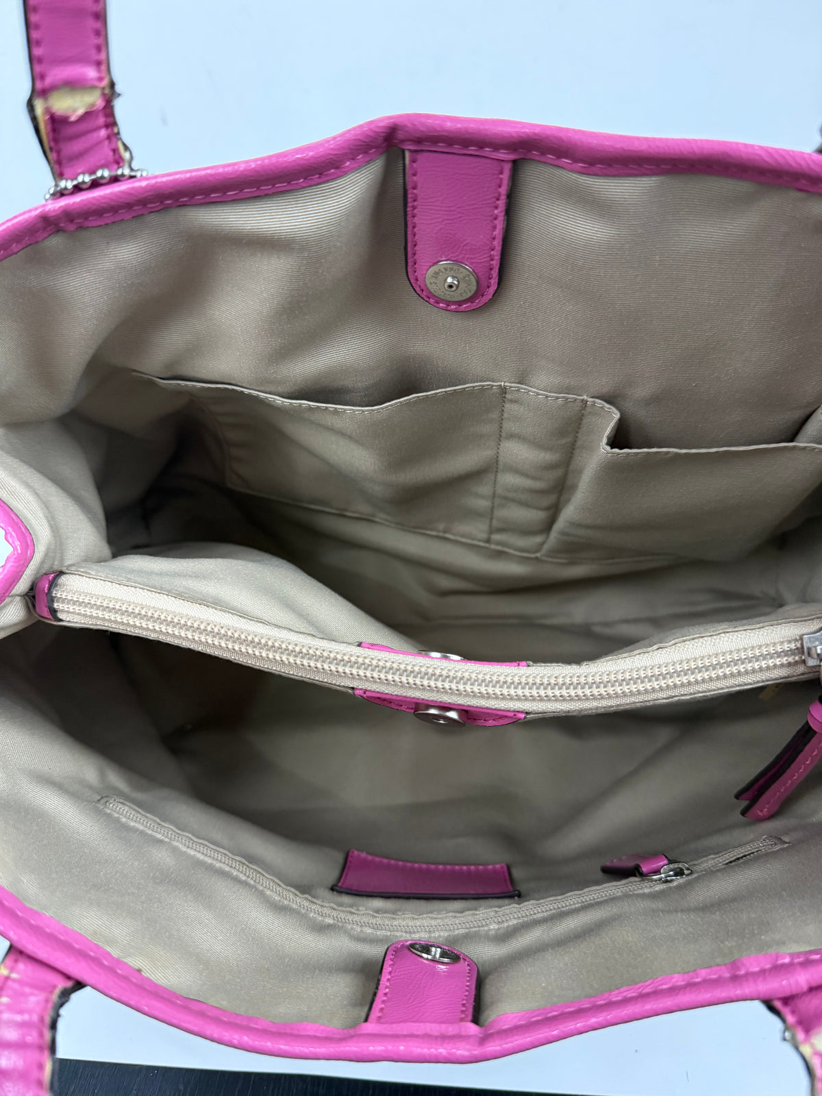Vintage Coach Signature Stripe Carryall Tote Bag Beige Brown Coach Canvas with Pink Leather HandBag 00s Y2K