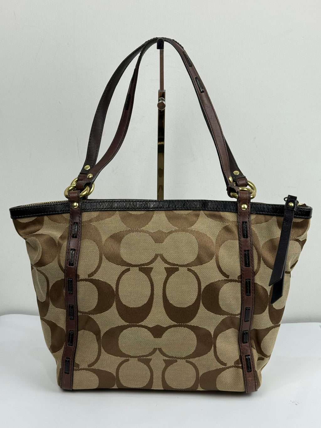 Vintage Coach Signature Zip-Top Tote Bag Brown/Beige Canvas Handbag 00s Y2K