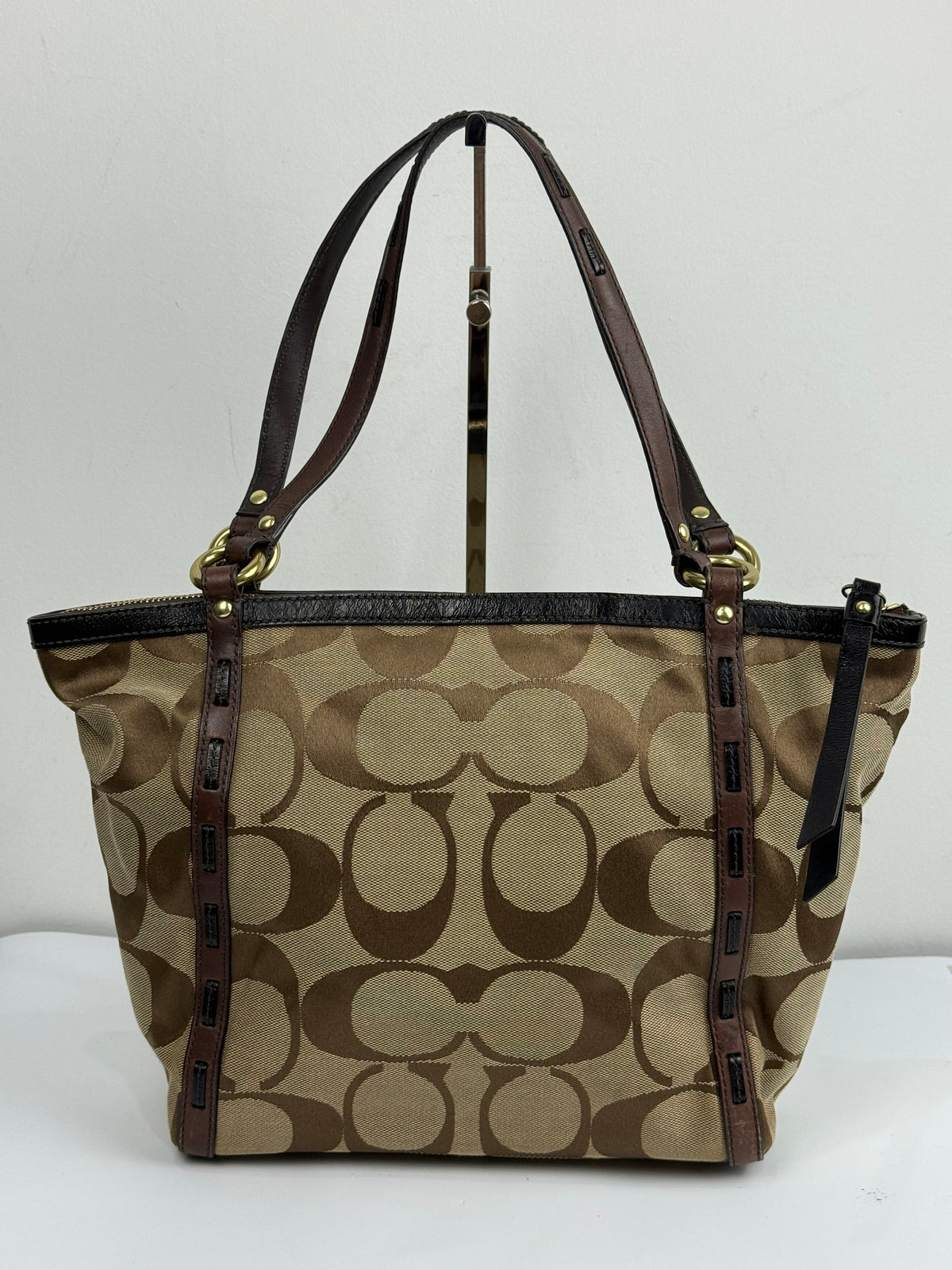 Vintage Coach Signature Zip-Top Tote Bag Brown/Beige Canvas Handbag 00s Y2K