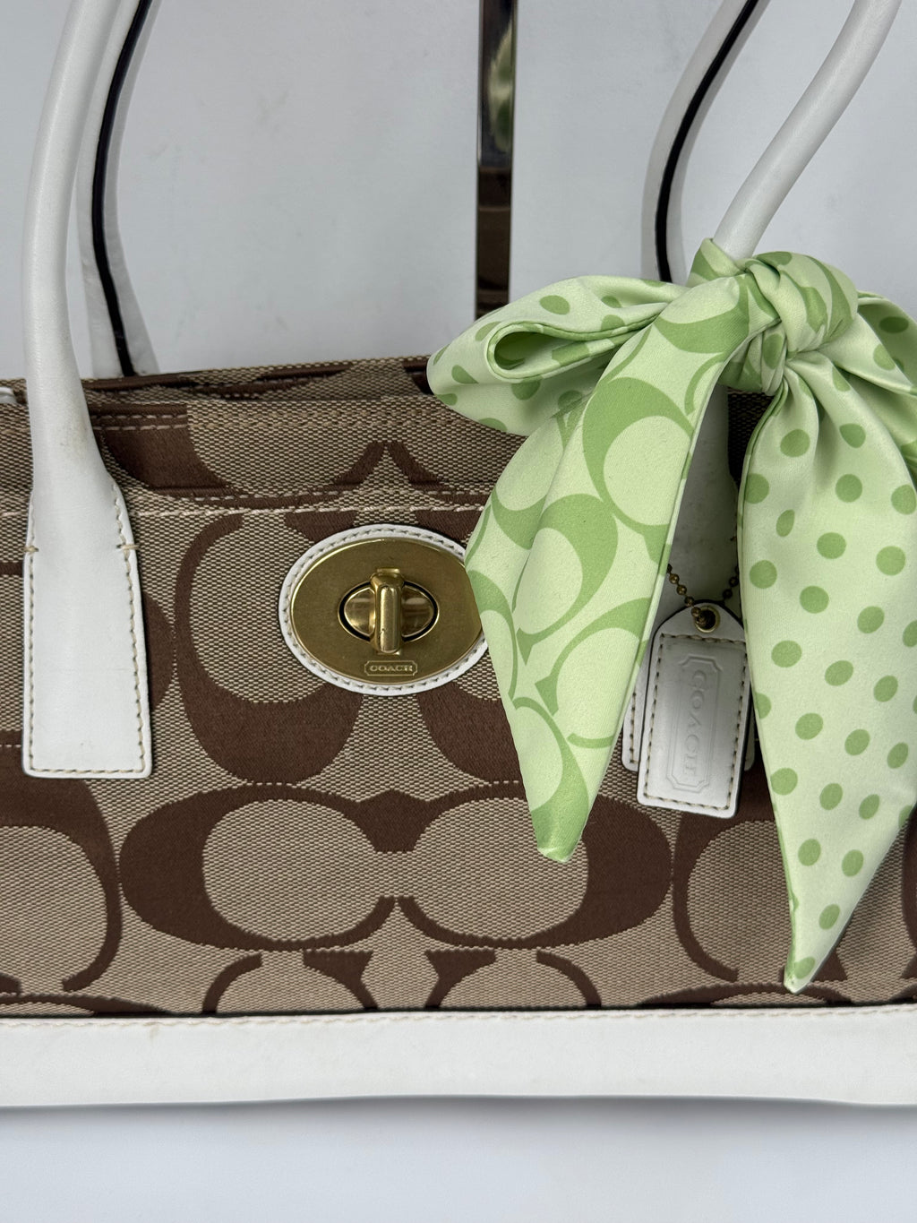Vintage Coach Hampton Brown/White Tote Bag Coach Signature Y2K HandBag with Scarf