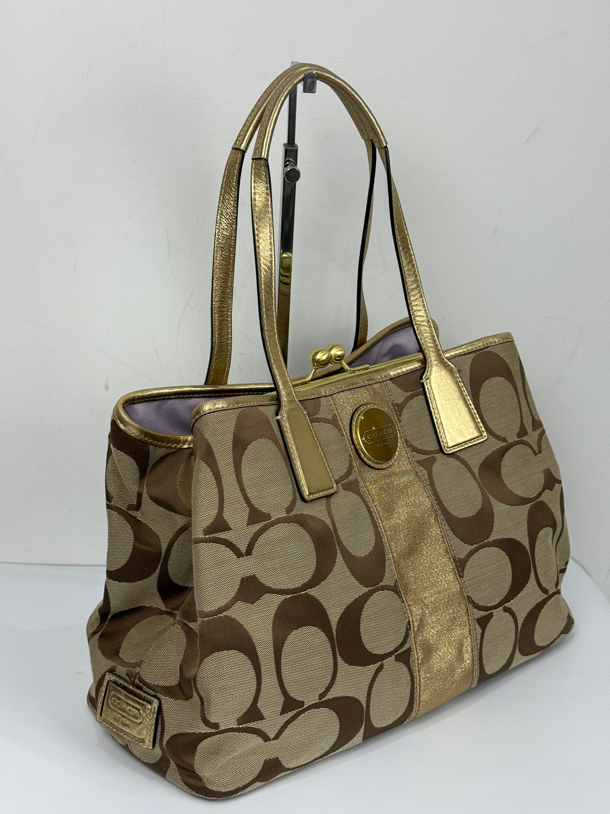 Vintage Coach Signature Gold Stripe Kiss-lock Tote Bag Brown/Beige Coach Canvas HandBag 00s Y2K