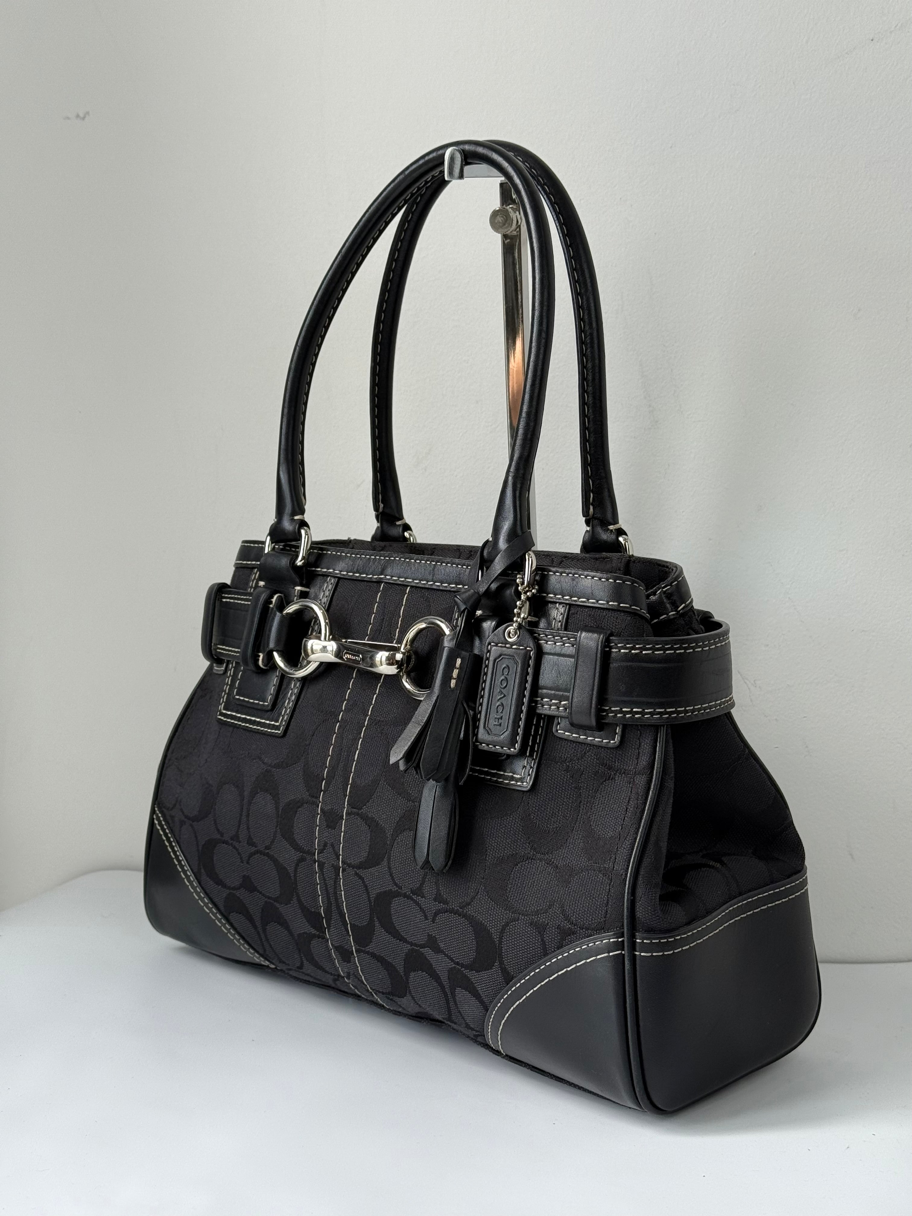 Vintage Coach Hampton Signature Tote Bag Black Coach Canvas HandBag 00s Y2K