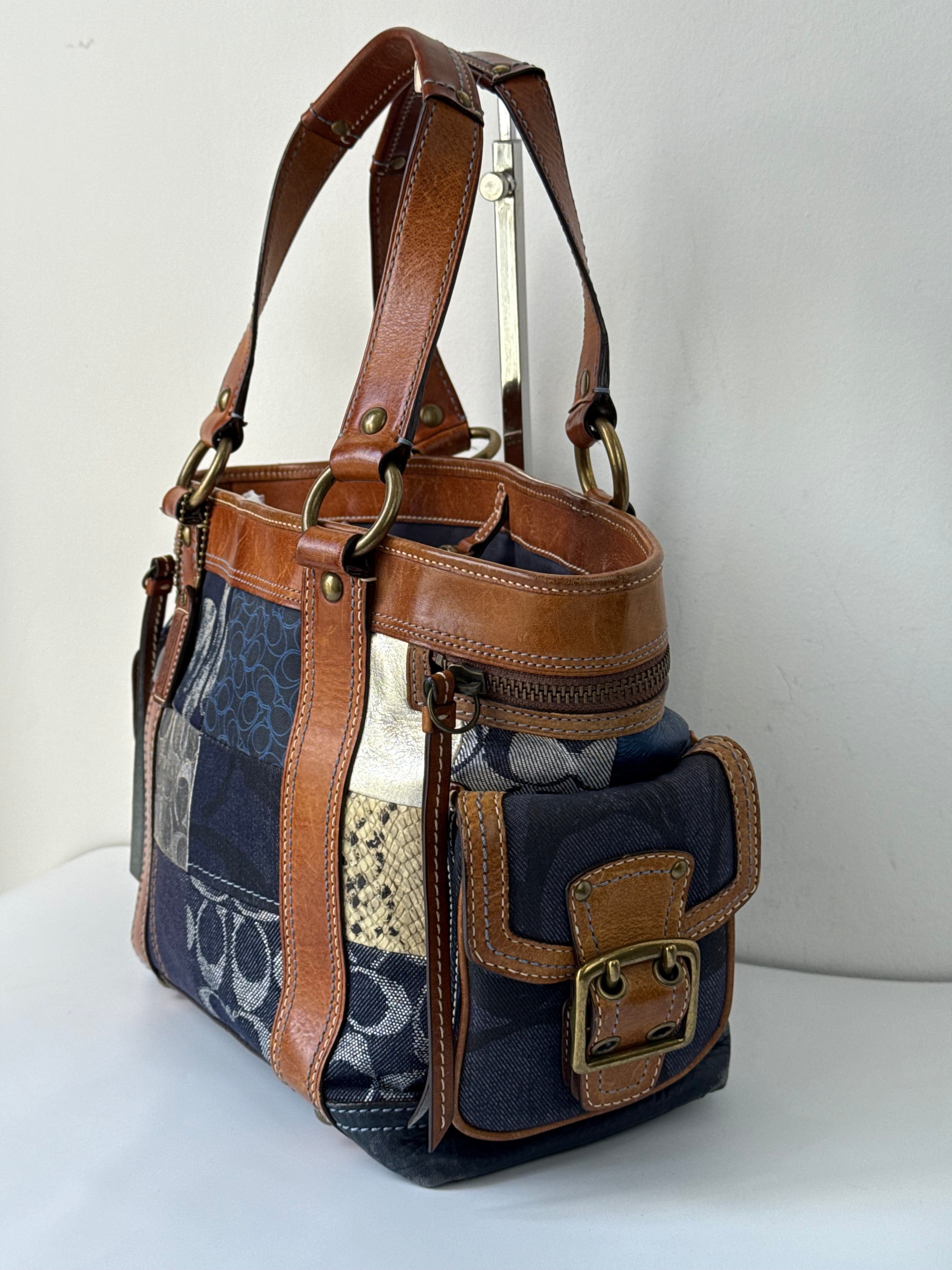 Vintage Coach Blue Denim Patchwork Tote Bag Coach Signature Leather Handbag 00s Y2K
