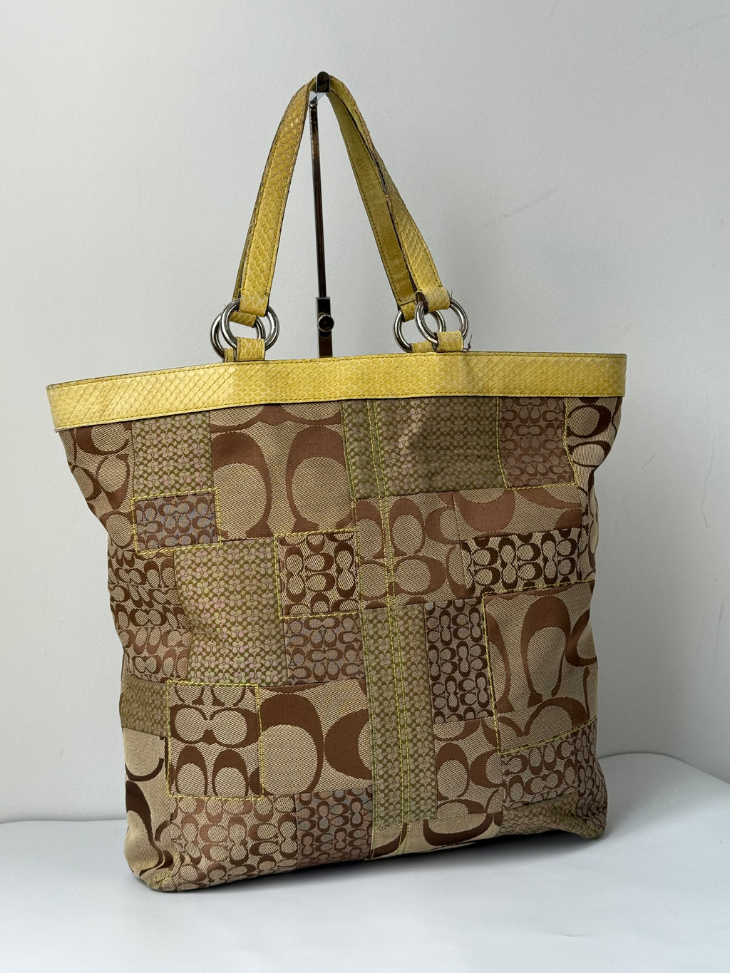 Vintage Coach Patchwork Tote Bag Coach Brown Signature Yellow Leather Handbag 00s Y2K