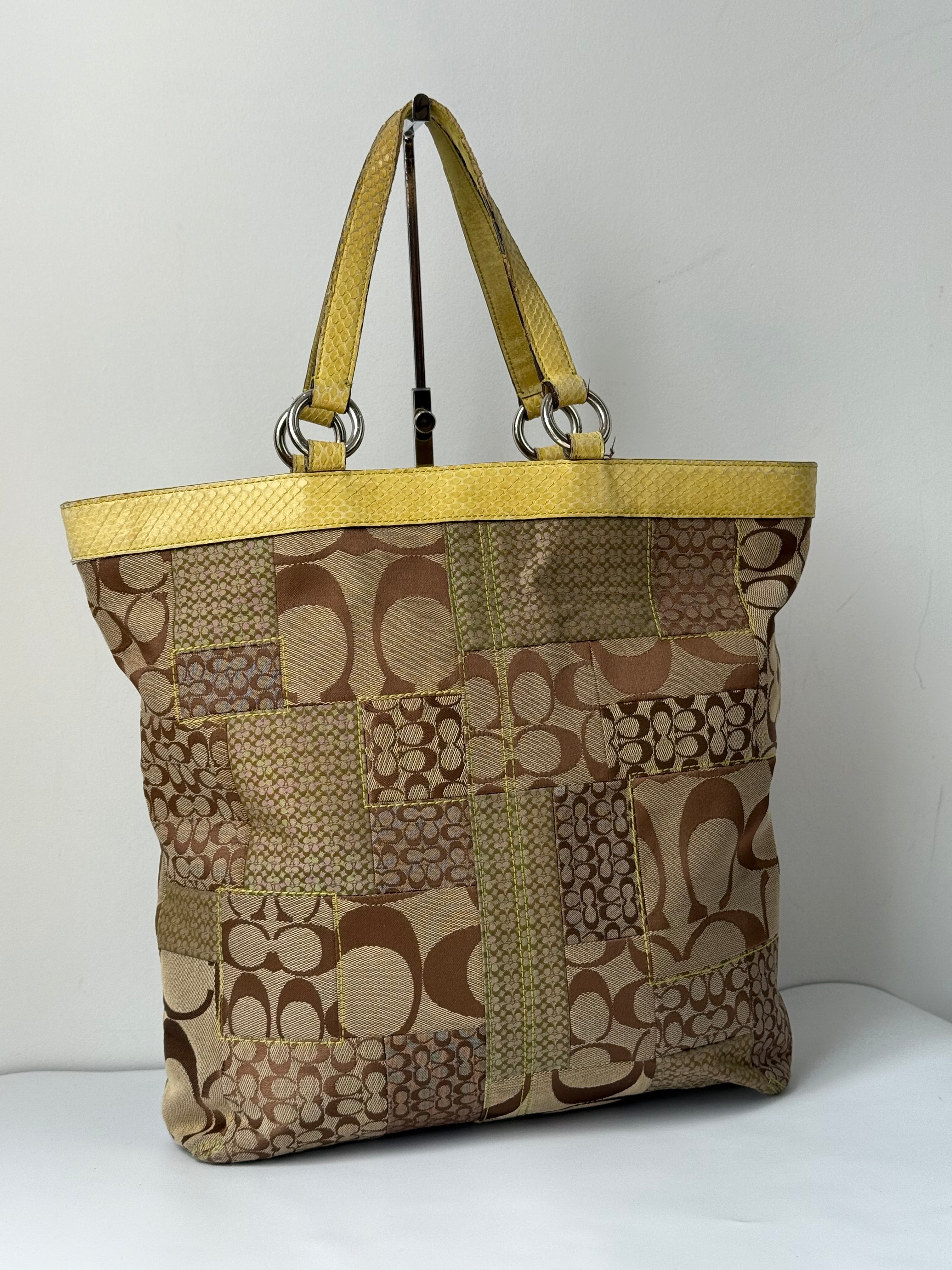 Vintage Coach Patchwork Tote Bag Coach Brown Signature Yellow Leather Handbag 00s Y2K