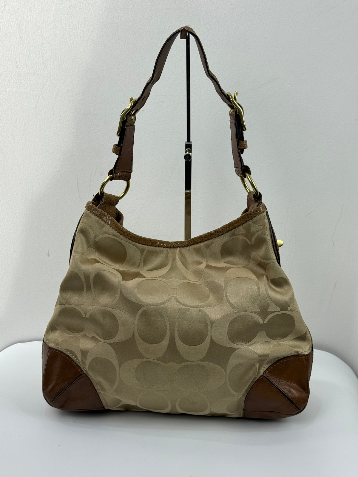 Vintage Coach Peyton Signature Satin Hobo Bag Beige & Brown Coach Shoulder Bag 00s Y2K