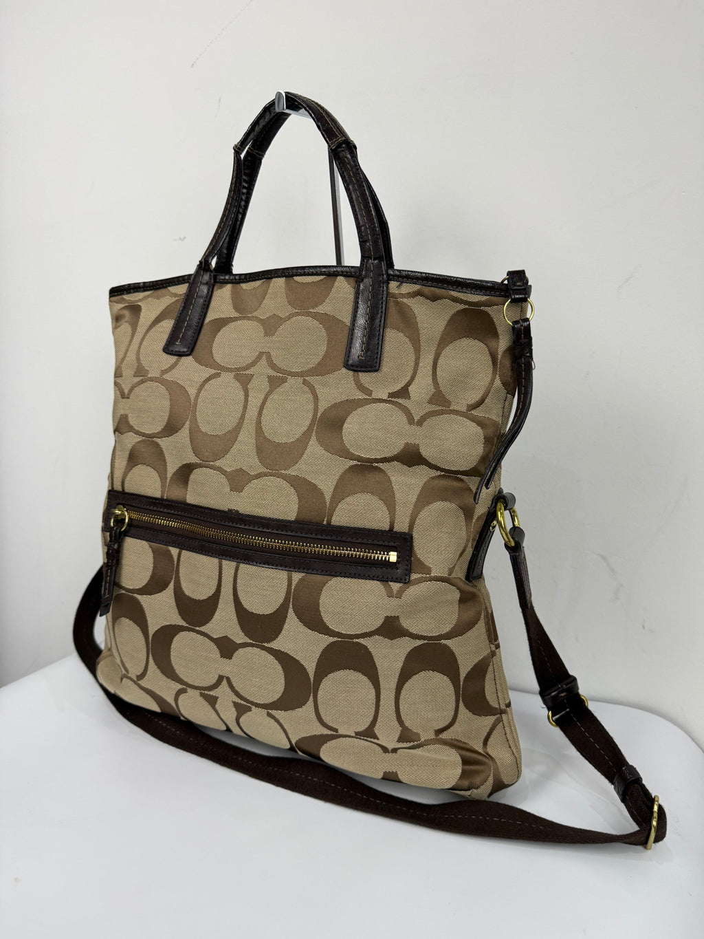 Vintage Coach Signature Stripe Fold over Tote Bag Brown/Beige Shoulder Bag Y2K